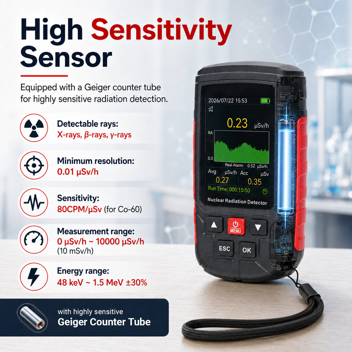 GAM-571 Digital Geiger Counter Nuclear Radiation Detector X-ray Gamma Beta Meter with LCD Alarm, Real-time Data Tracking for Geological Surveys, Nuclear Power Plants, Chemical Laboratories, Outdoor environments