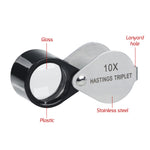 GEM-394 10x Magnification Mini Jewelry Loupe High-quality Hasting Loupe with Optical Glass Triplet Lens, Stainless Steel Body, and Foldaway Pocket Design – Ideal for Stamp & Coin Enthusiasts, Watch Repair, and Hobby Mechanics