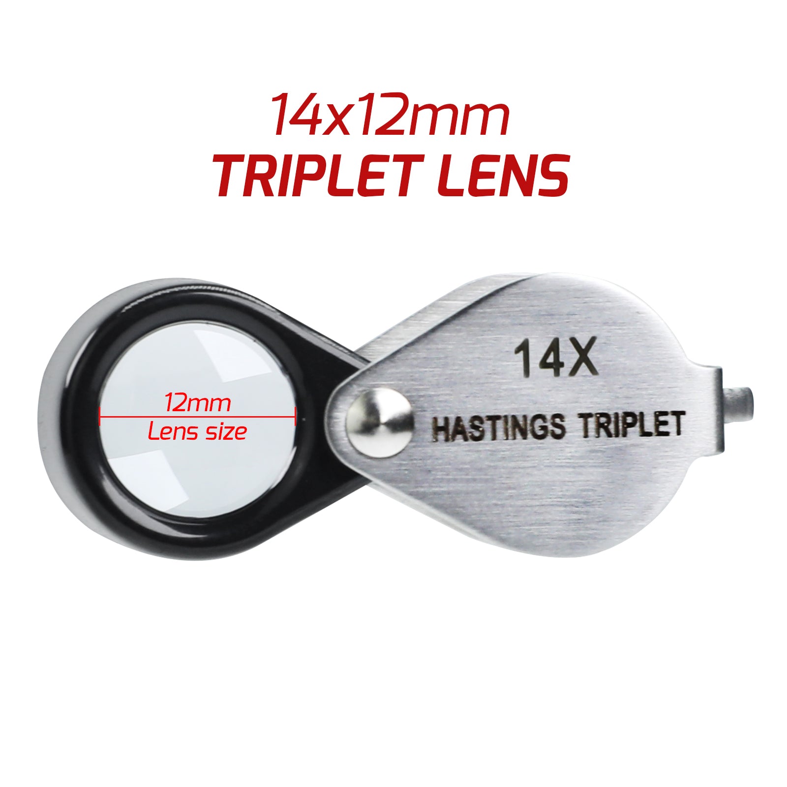 GEM-403 14x Magnification Hasting Jewelry Mini Loupe Optical Glass Triplet Lens Stainless Steel Body Foldaway Pocket Magnifying Tool Stamp & Coin Hobbyists Watch Repair Mechanic