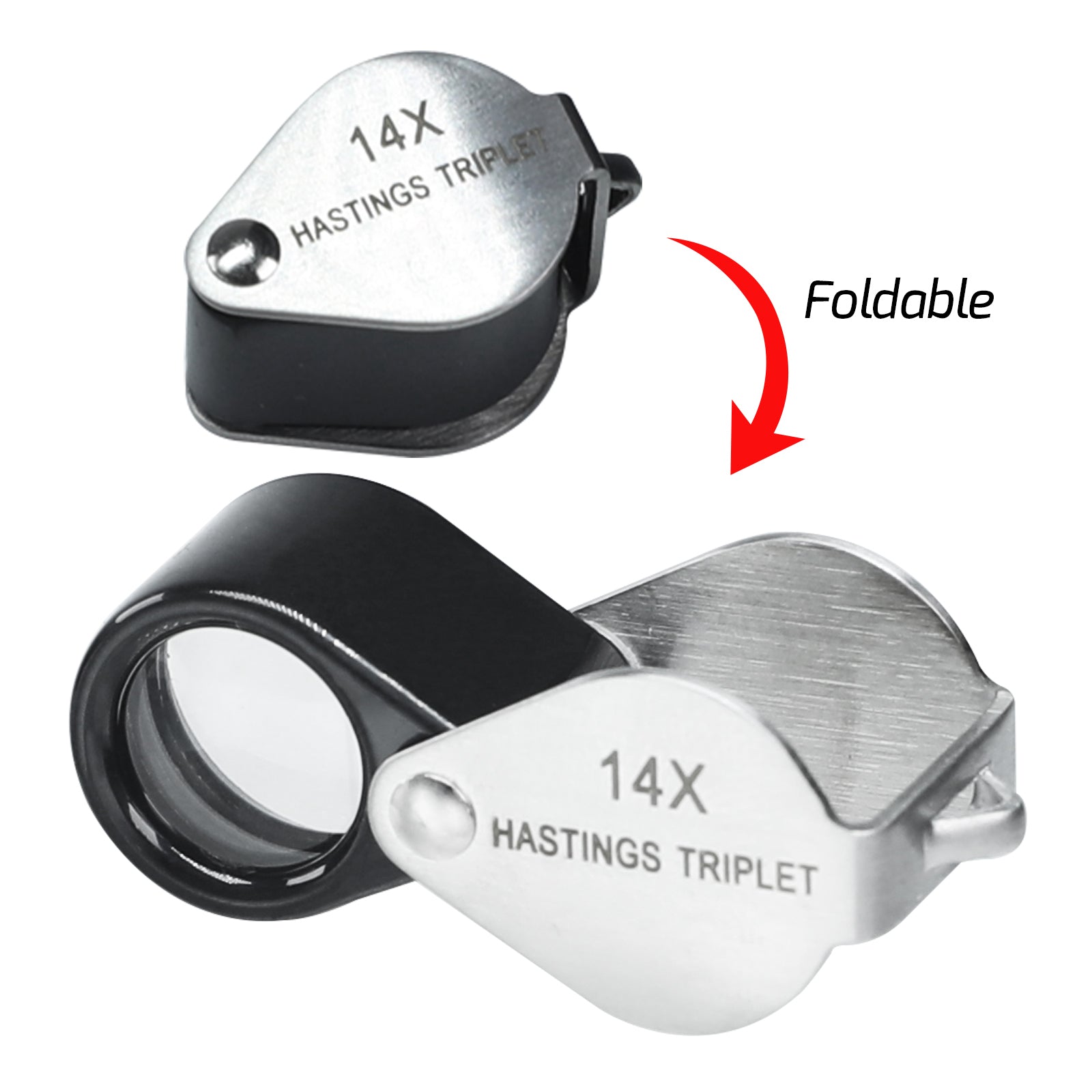 GEM-403 14x Magnification Hasting Jewelry Mini Loupe Optical Glass Triplet Lens Stainless Steel Body Foldaway Pocket Magnifying Tool Stamp & Coin Hobbyists Watch Repair Mechanic