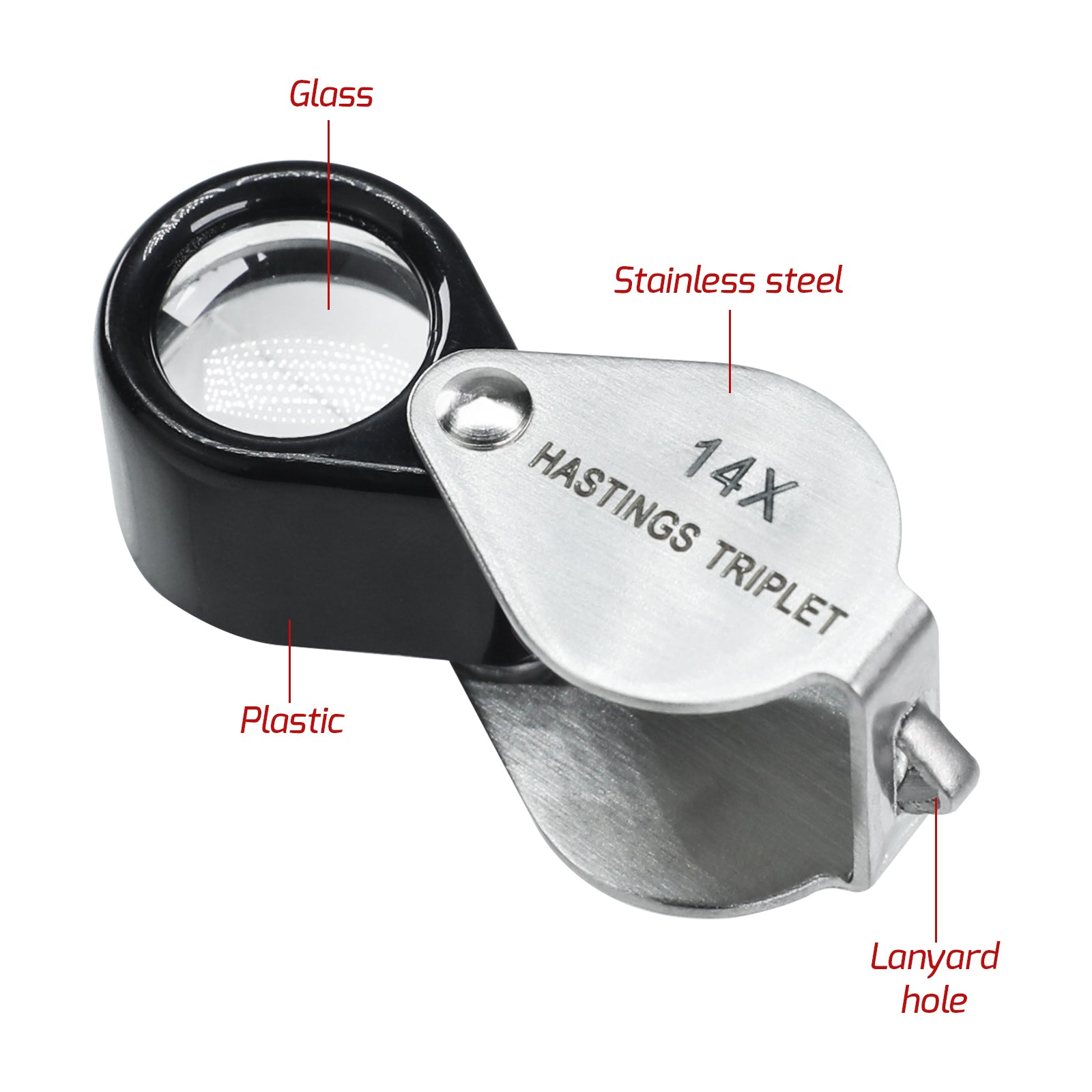 GEM-403 14x Magnification Hasting Jewelry Mini Loupe Optical Glass Triplet Lens Stainless Steel Body Foldaway Pocket Magnifying Tool Stamp & Coin Hobbyists Watch Repair Mechanic