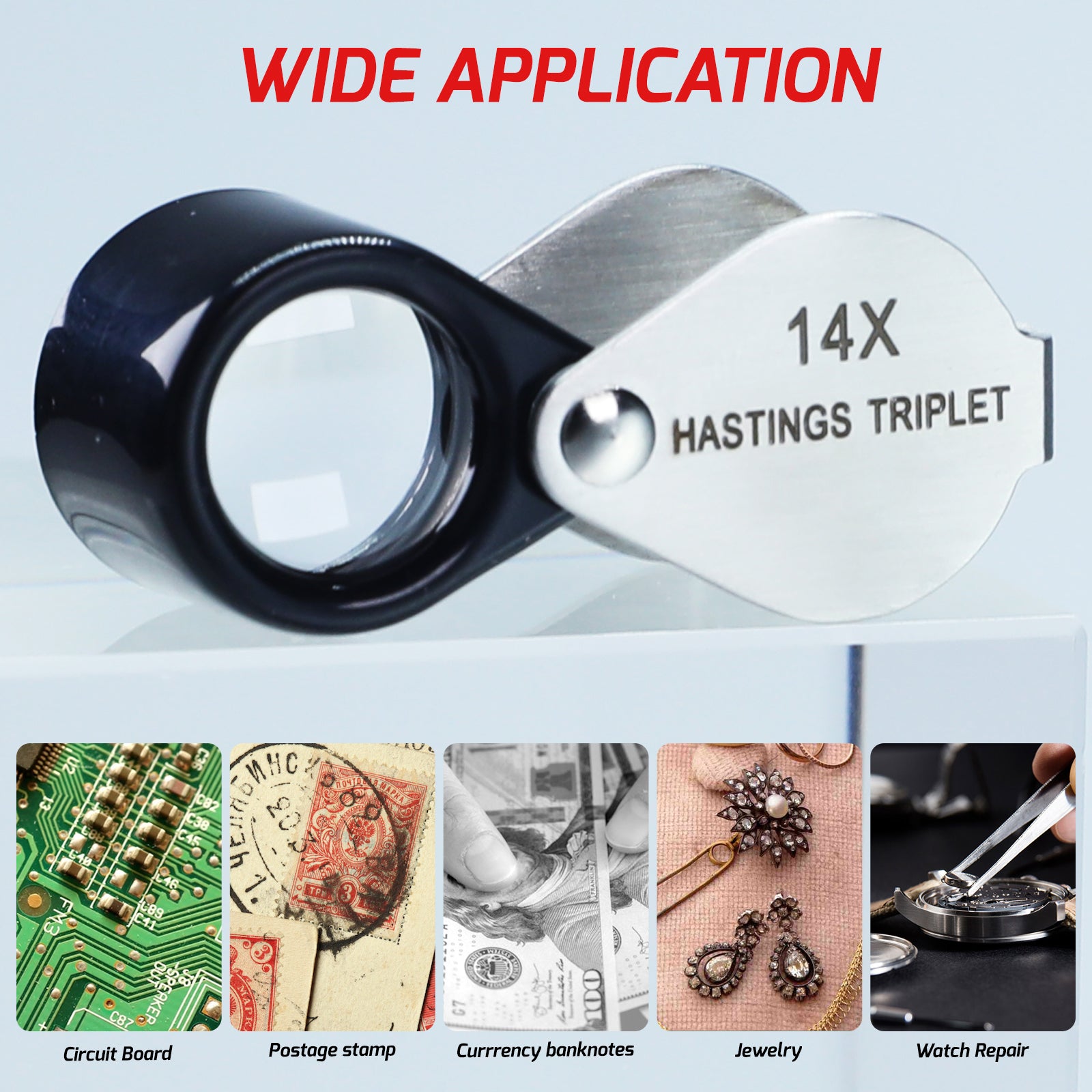 GEM-403 14x Magnification Hasting Jewelry Mini Loupe Optical Glass Triplet Lens Stainless Steel Body Foldaway Pocket Magnifying Tool Stamp & Coin Hobbyists Watch Repair Mechanic