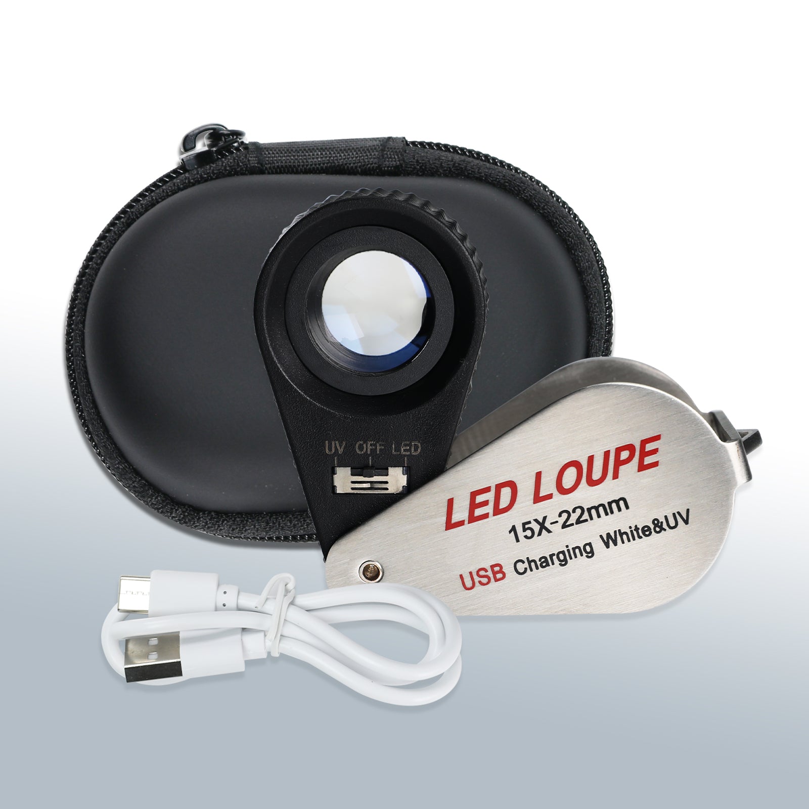 GEM-450 Jeweler Magnifier Loupe (10X / 20X / 30X / 40X) with 6 UV and LED Light 22mm Optical Triplet Lens, USB Rechargeable Mini Gem Tool