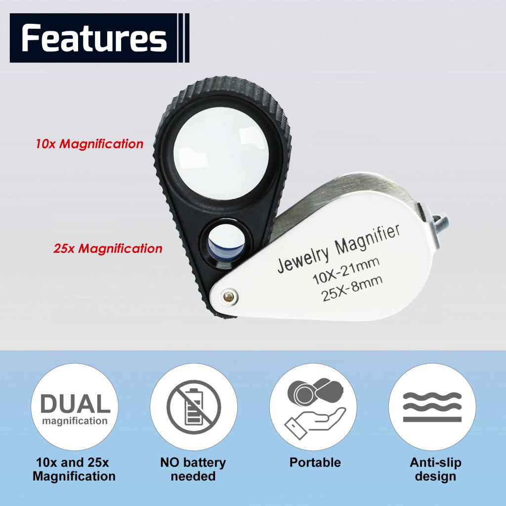 Gem-462 Dual Magnification Jewelry Loupe 10X And 25X Magnifier With 21Mm 8Mm Lens Diameter Jeweller