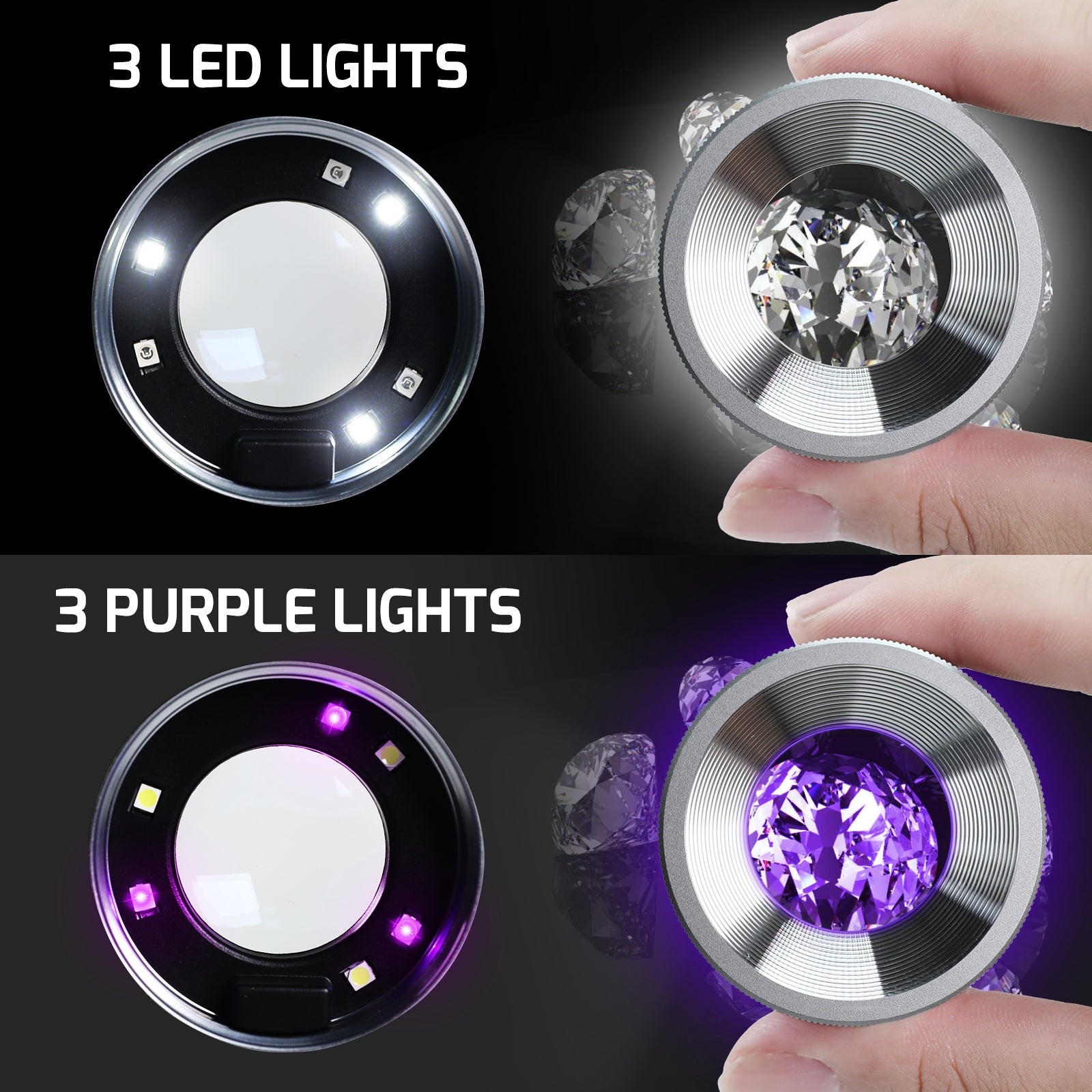 GEM-522 10X Magnifying Scale Loupe White & Purple LED Lights Adjustable Focus Rechargeable Magnifier Glass Lens for Jewelers, Collectors, Hobbyists, and Professionals