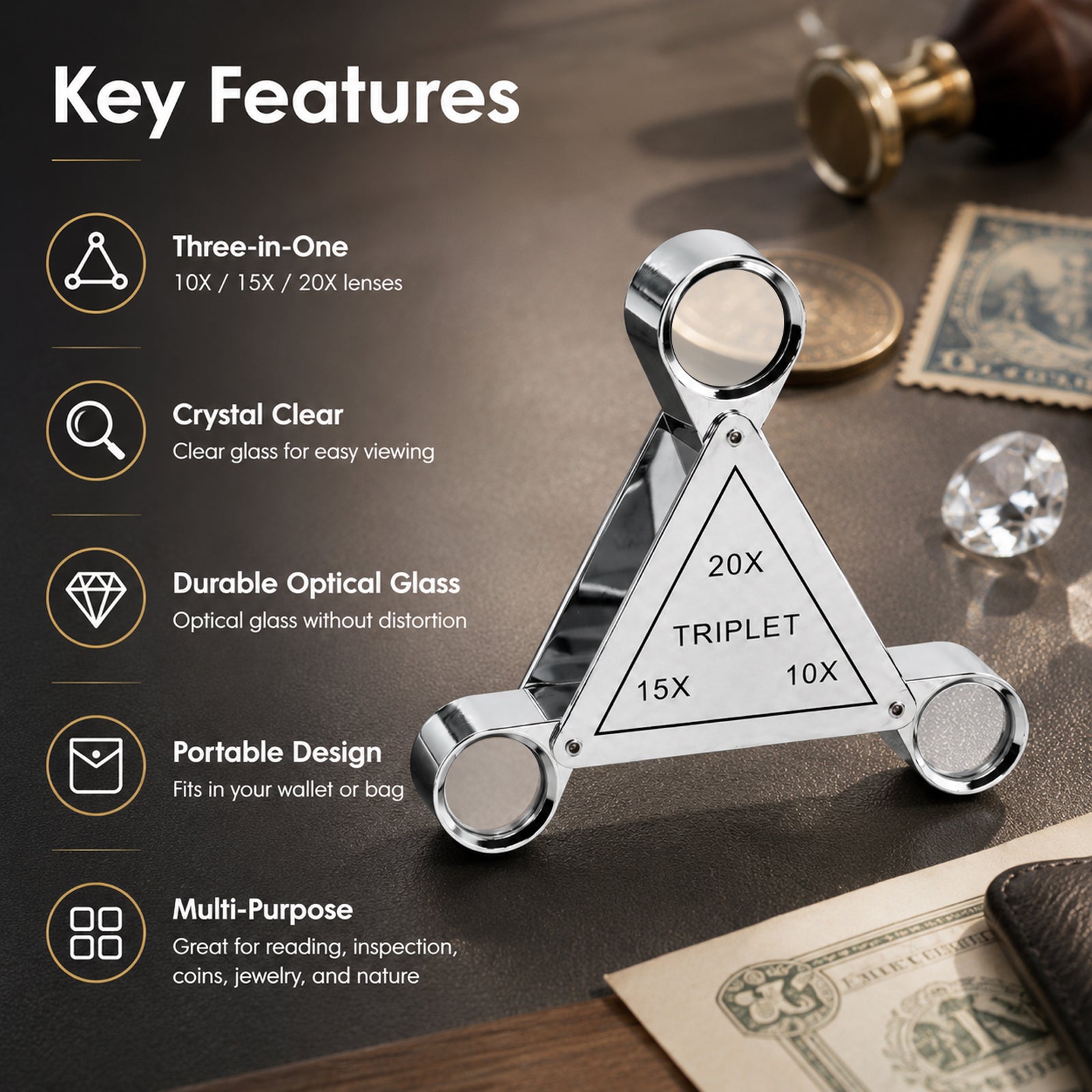 GEM-554 Triplet 10X 15X 20X Jewelry Loupe – 3-in-1 Triangular Swing-Out Magnifier, 18mm Achromatic Lenses, Chrome-Plated Copper Body