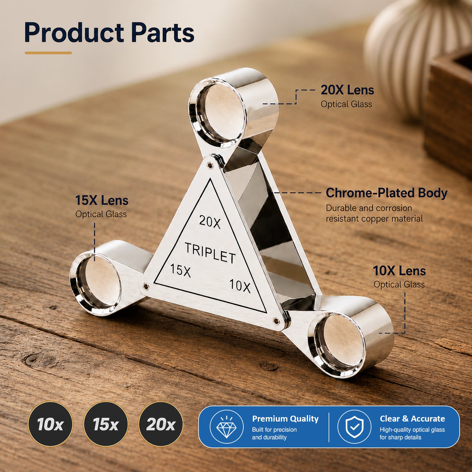 GEM-554 Triplet 10X 15X 20X Jewelry Loupe – 3-in-1 Triangular Swing-Out Magnifier, 18mm Achromatic Lenses, Chrome-Plated Copper Body