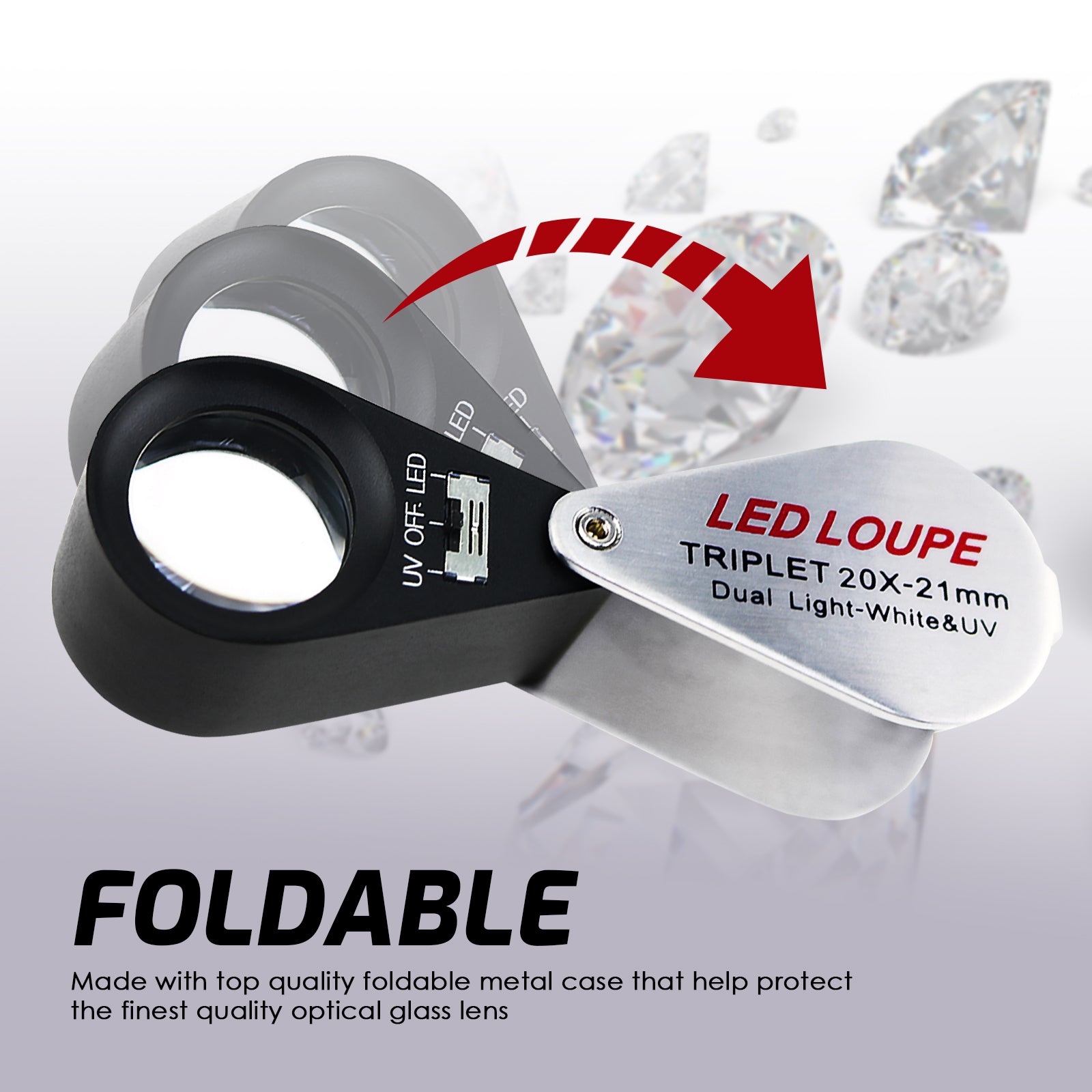 GM21 Mini Jeweler Loupe 20X Magnifier + LED & UV light 21mm lens