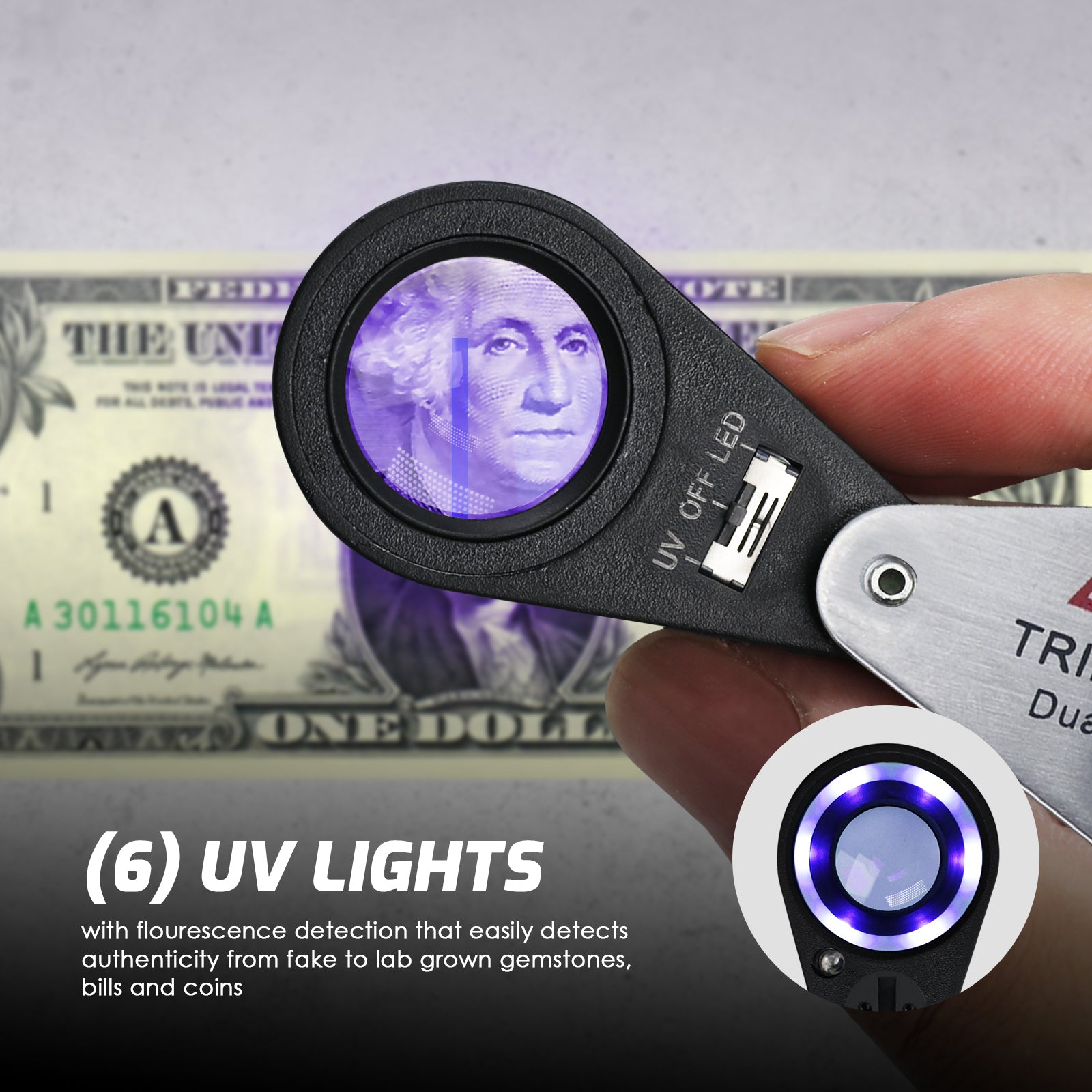 GM21 Mini Jeweler Loupe 20X Magnifier + LED & UV light 21mm lens