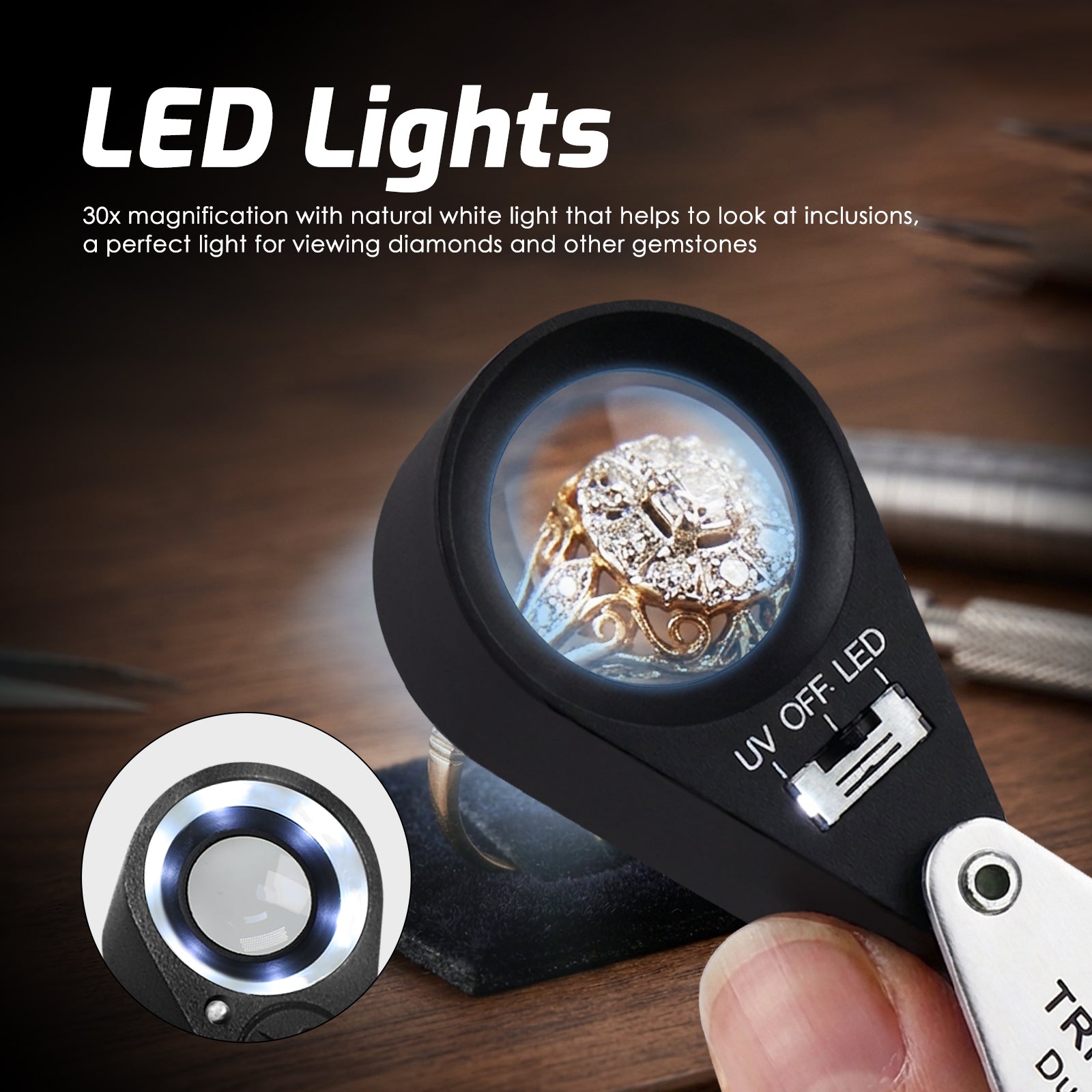 GM31 Mini 30X Jeweler Loupe Magnifier + LED & UV light 21mm lens
