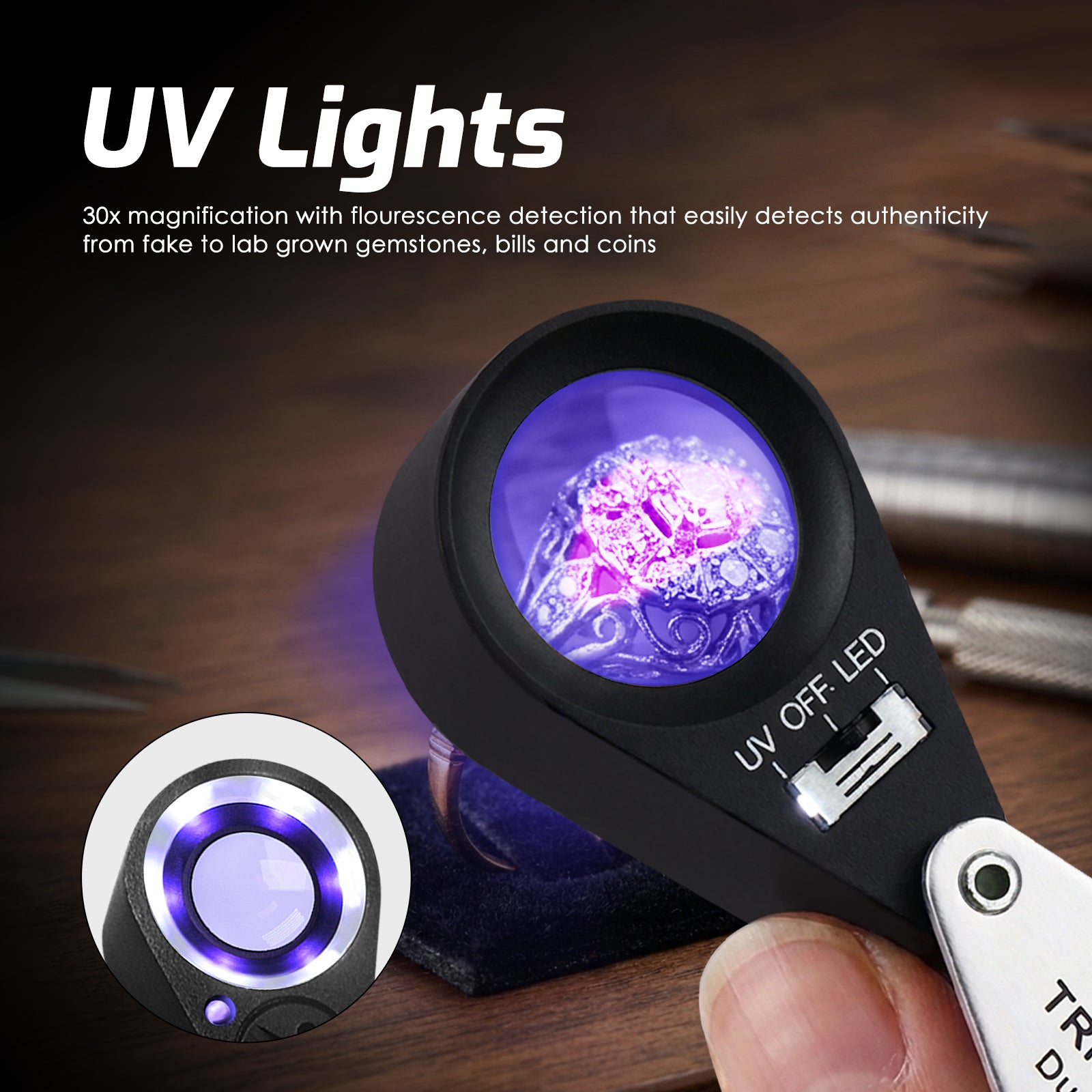 GM31 Mini 30X Jeweler Loupe Magnifier + LED & UV light 21mm lens