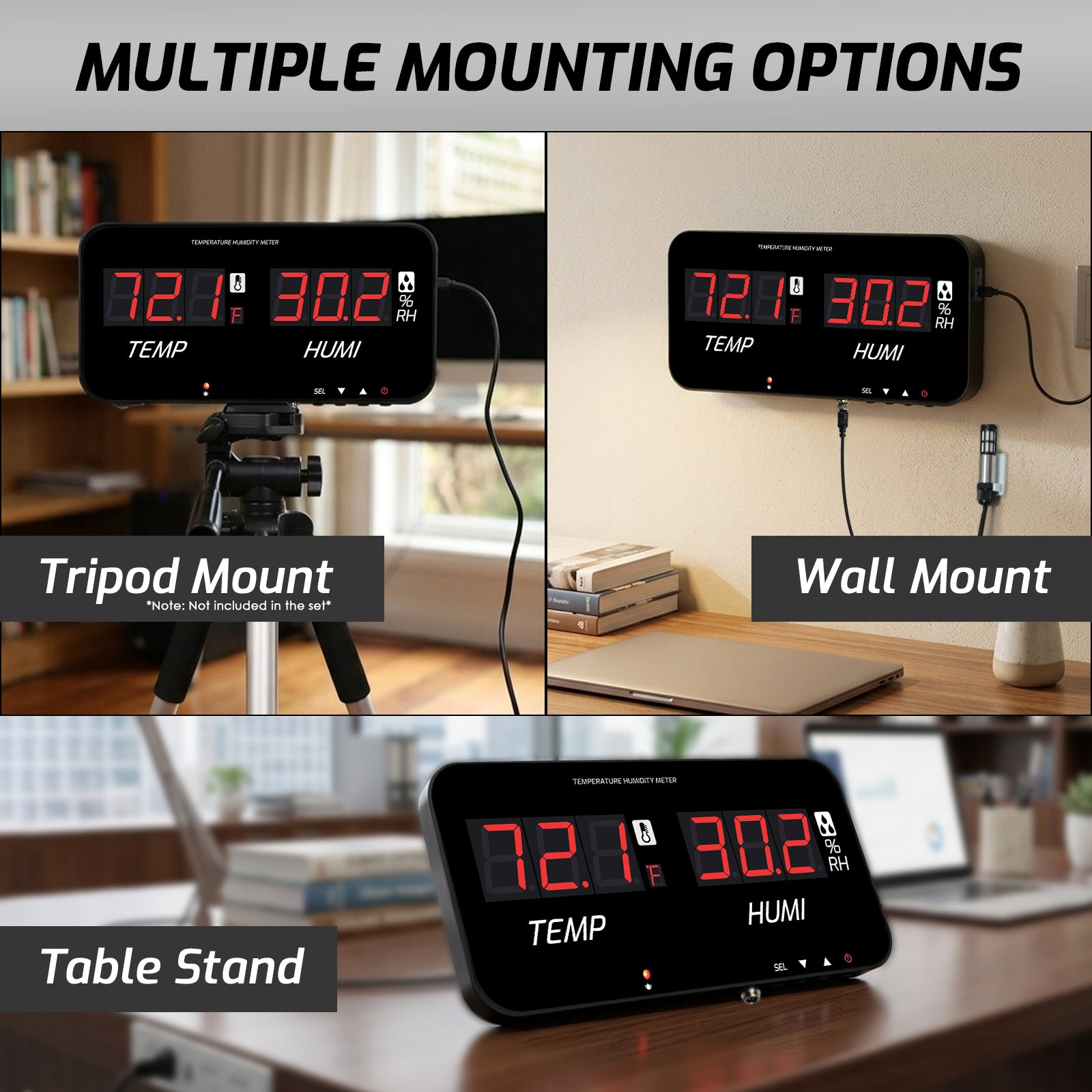 HTM-548 Digital Large Screen Hygrometer Temperature and Humidity Measurement with Adjustable Visual/Audible Alarms with External Sensor Indoor Tester