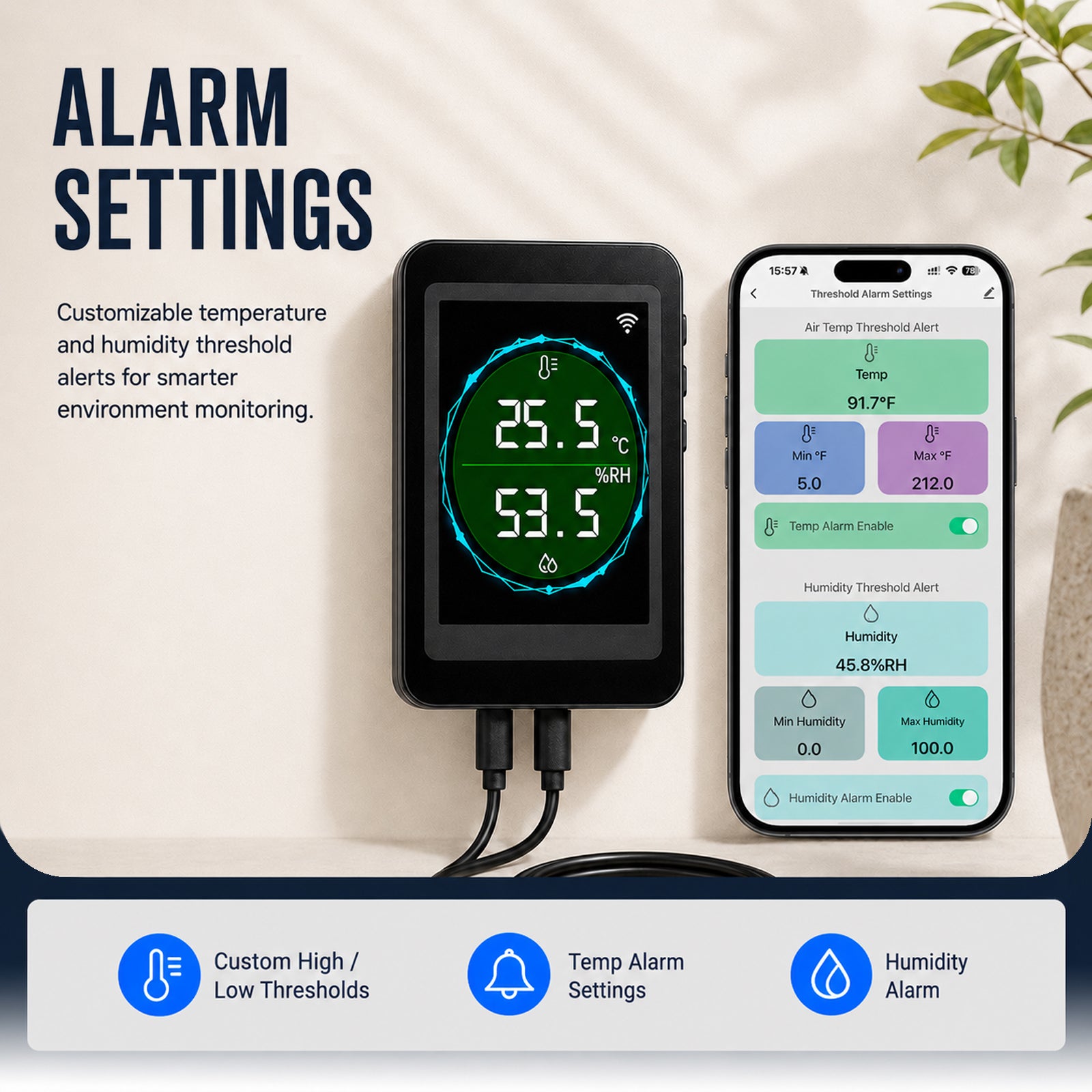 HTM-564 Dual WiFi & Bluetooth Smart Thermometer Hygrometer, 24/7 Temperature Humidity Remote Monitor with Real-Time Readout, App Notification Alerts, Data Graph Recording for Home Garage Greenhouse Office