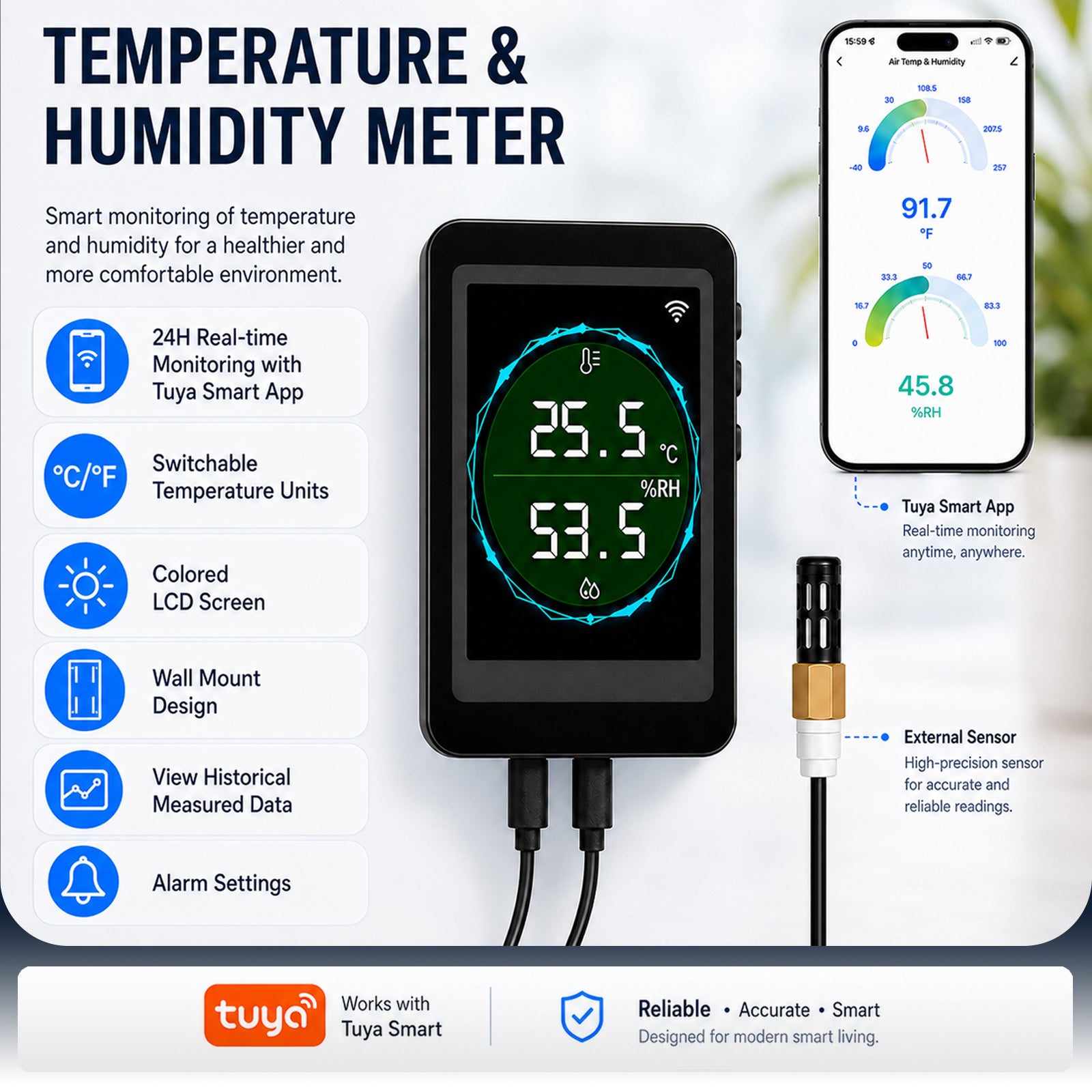 HTM-564 Dual WiFi & Bluetooth Smart Thermometer Hygrometer, 24/7 Temperature Humidity Remote Monitor with Real-Time Readout, App Notification Alerts, Data Graph Recording for Home Garage Greenhouse Office