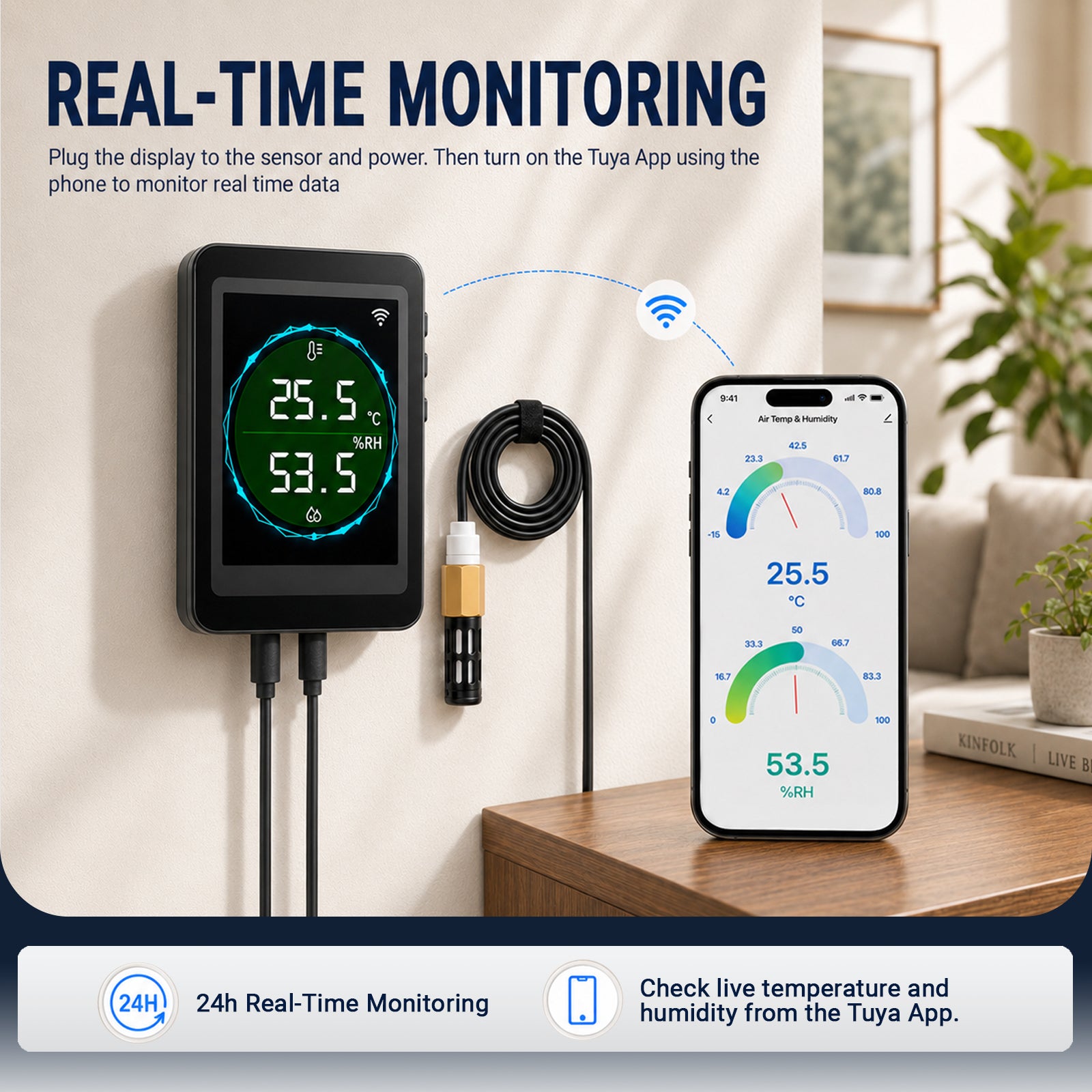 HTM-564 Dual WiFi & Bluetooth Smart Thermometer Hygrometer, 24/7 Temperature Humidity Remote Monitor with Real-Time Readout, App Notification Alerts, Data Graph Recording for Home Garage Greenhouse Office