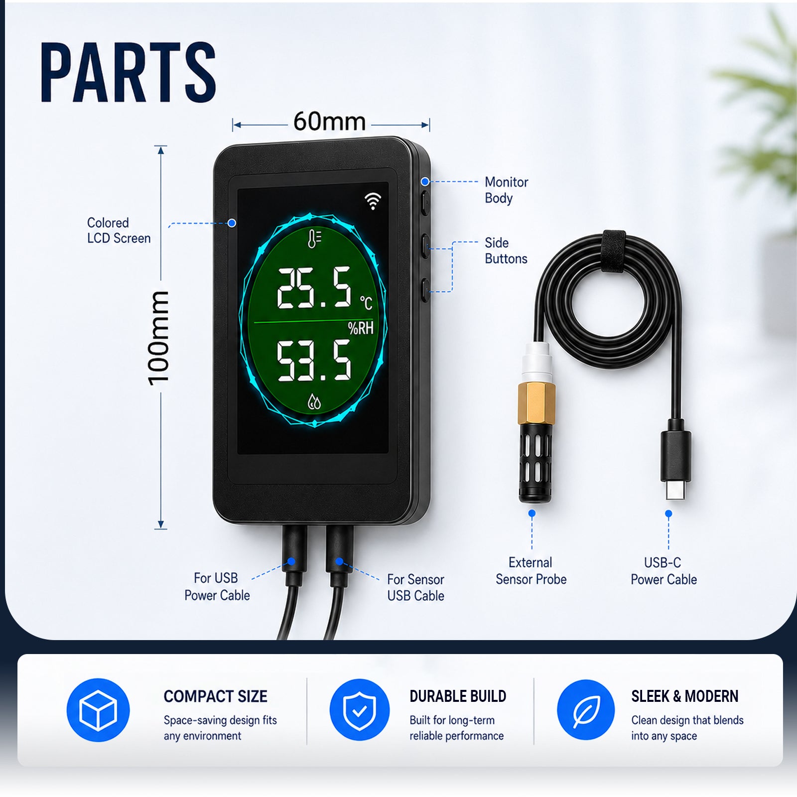 HTM-564 Dual WiFi & Bluetooth Smart Thermometer Hygrometer, 24/7 Temperature Humidity Remote Monitor with Real-Time Readout, App Notification Alerts, Data Graph Recording for Home Garage Greenhouse Office