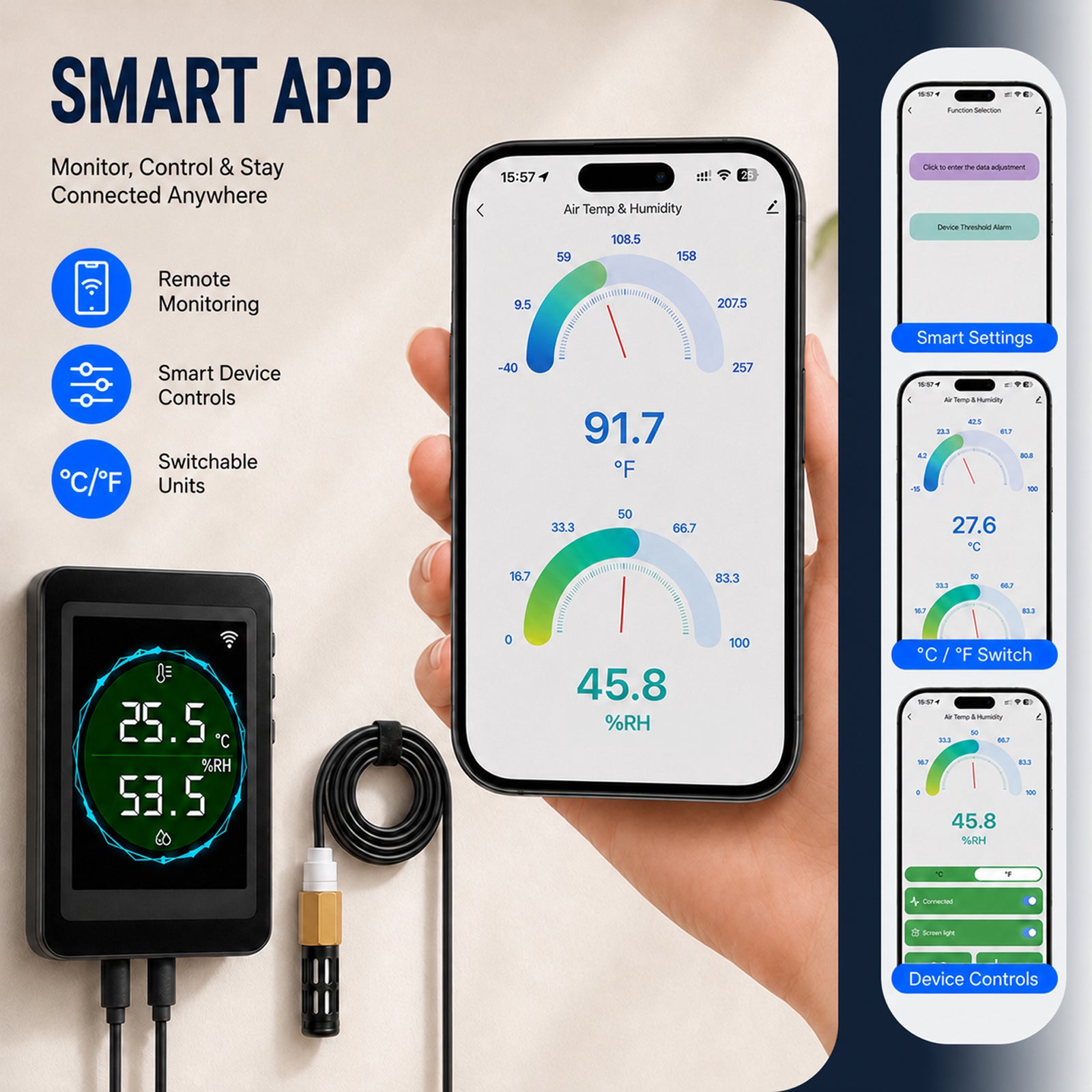 HTM-564 Dual WiFi & Bluetooth Smart Thermometer Hygrometer, 24/7 Temperature Humidity Remote Monitor with Real-Time Readout, App Notification Alerts, Data Graph Recording for Home Garage Greenhouse Office
