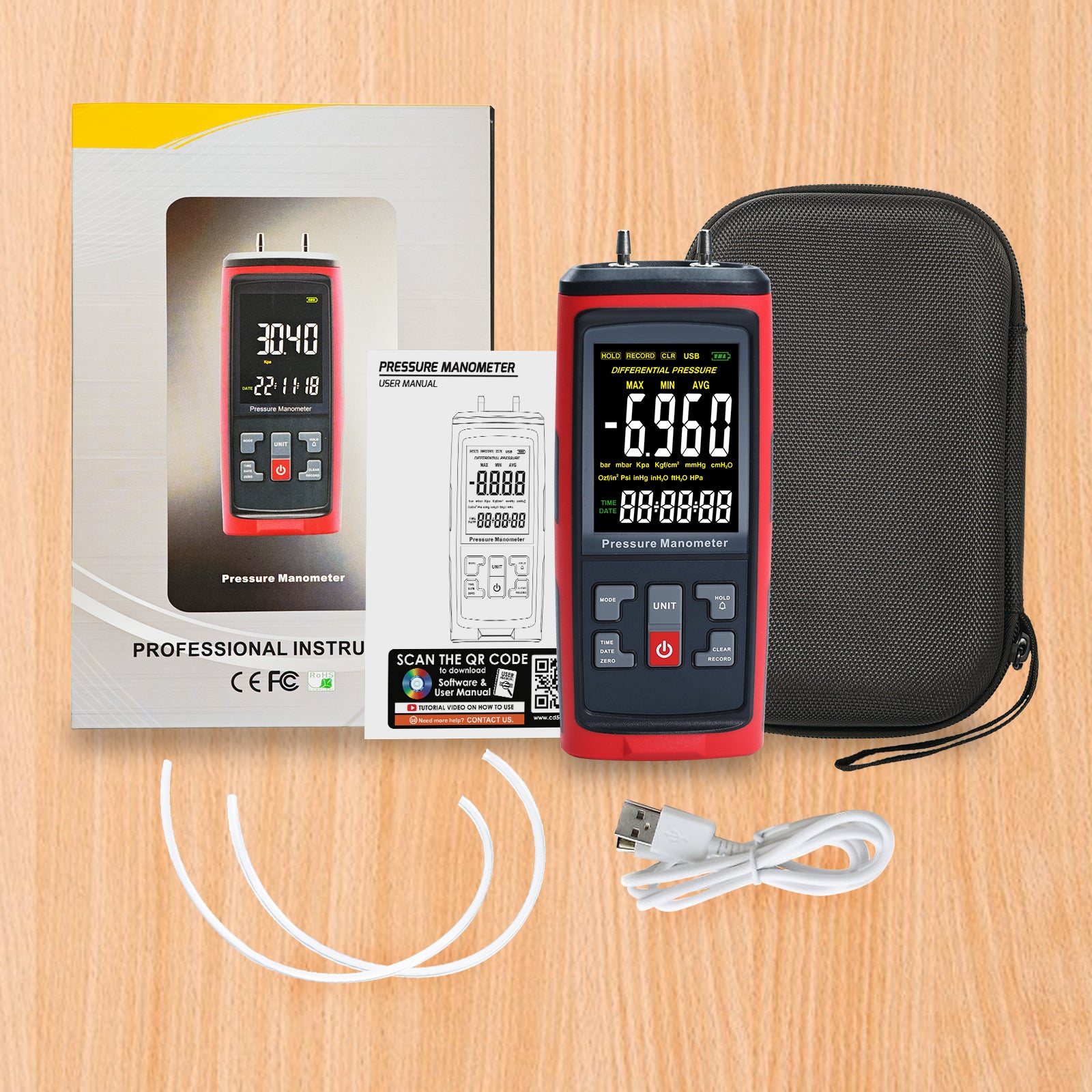 MAN-420 Differential Pressure Manometer with ±50 kPa Kilopascal Measuring Range for Pneumatic, Compressor, Valves, Tanks, Pump Installations, HVAC Heating Ventilation and Air Conditioning Systems