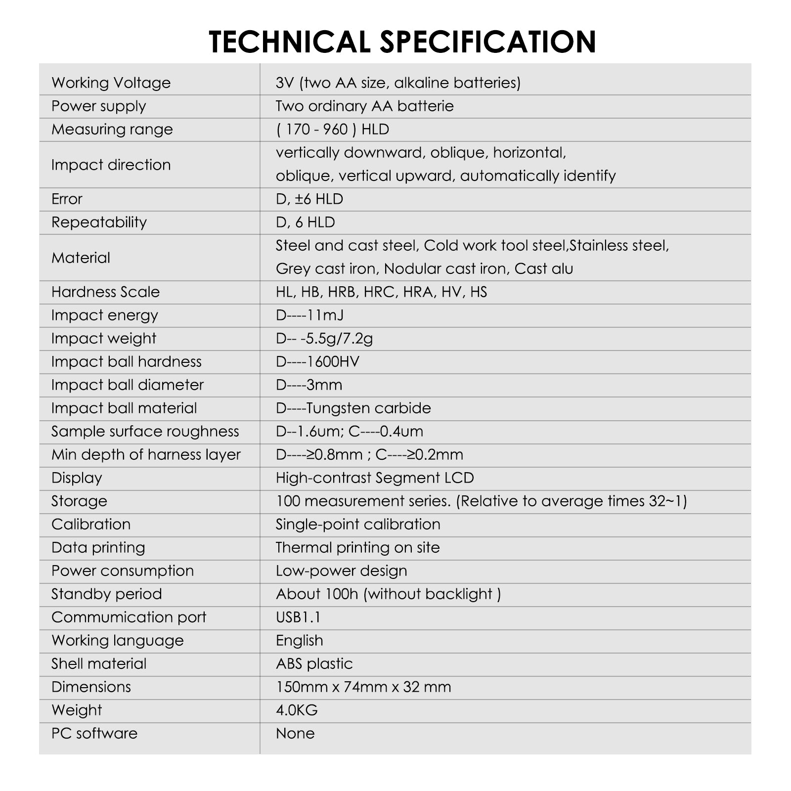 MH180 Mitech MH180 Portable Handheld  Leeb Hardness Tester Meter Gauge 170～960 HLD with 100 Group Data Memory LCD EL background light Support Micro printer