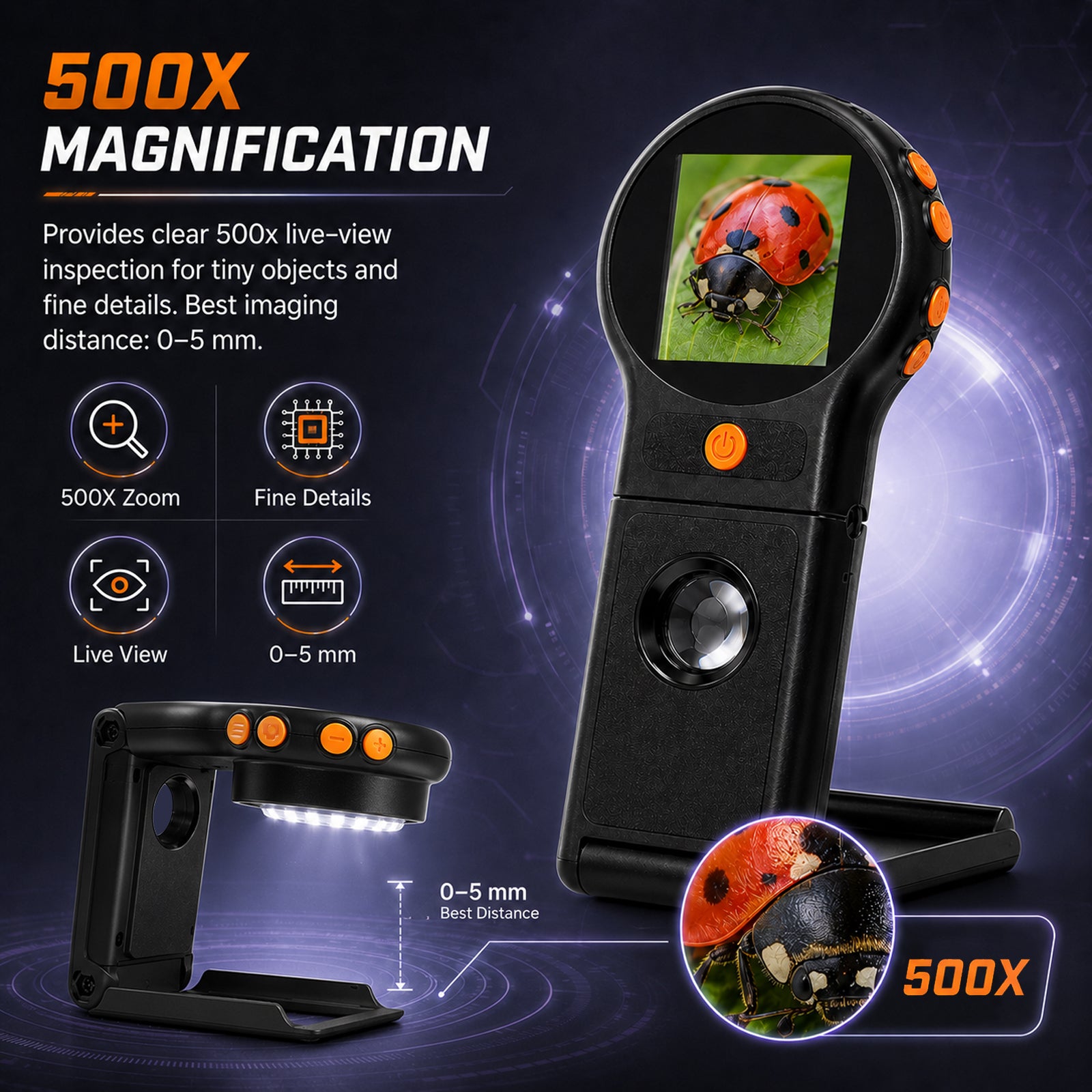 MSC-555 Handheld 500X Digital Microscope, Portable Folding Magnifier with Auto Focus, 8 LED Lights, 2.0 IPS Screen, PC Support Windows & macOS, Rechargeable Battery with 8GB TF Card for PCB Repair, Textile Inspection, Coin Collecting. etc.