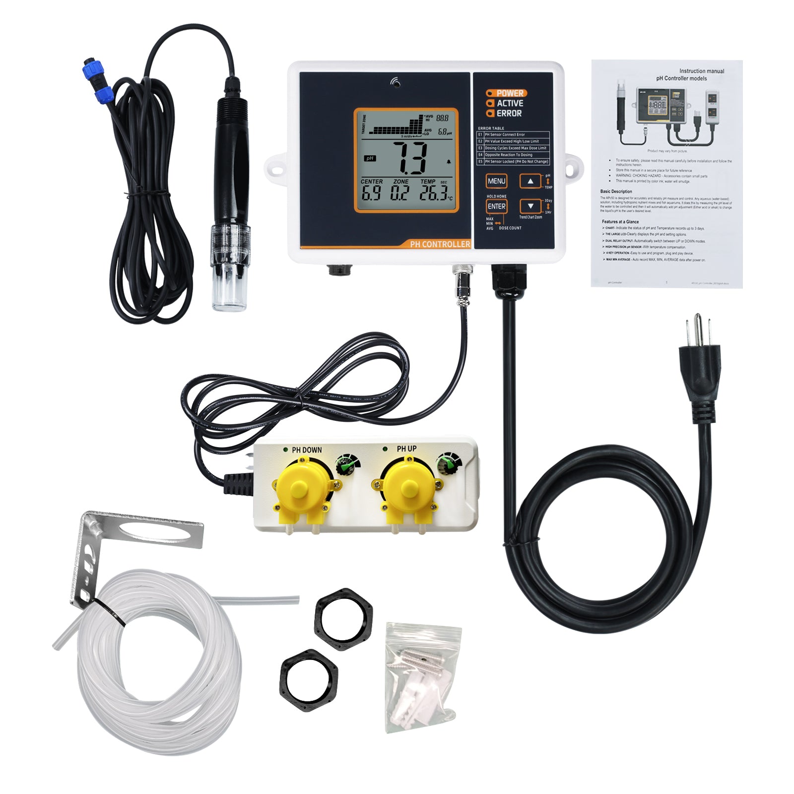 PHC-402 Dual Relay Digital pH Controller with Temperature Compensation UP and DOWN Adjustable Dosing for Aquarium, Hydroponics System and Indoor Plant Grow