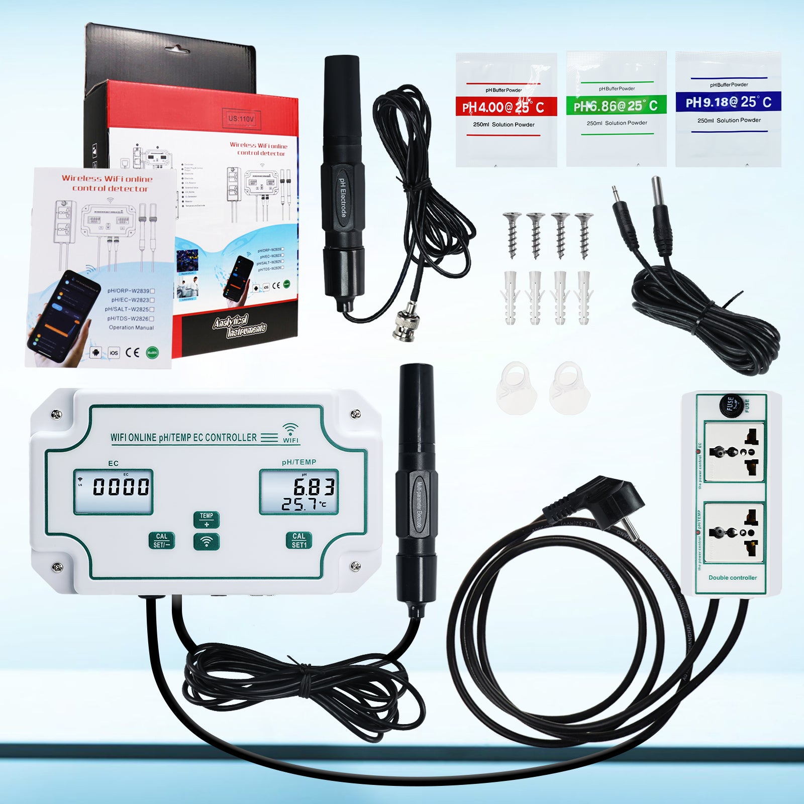 PHC-493 PH / EC /Temp Meter Smart Acidity & Conductivity Range Controller Monitoring and Dosing in Water pH Meter Conductivity Temp Tester App Remote Online Monitor for Swimming Pool Aquaculture Fishpond