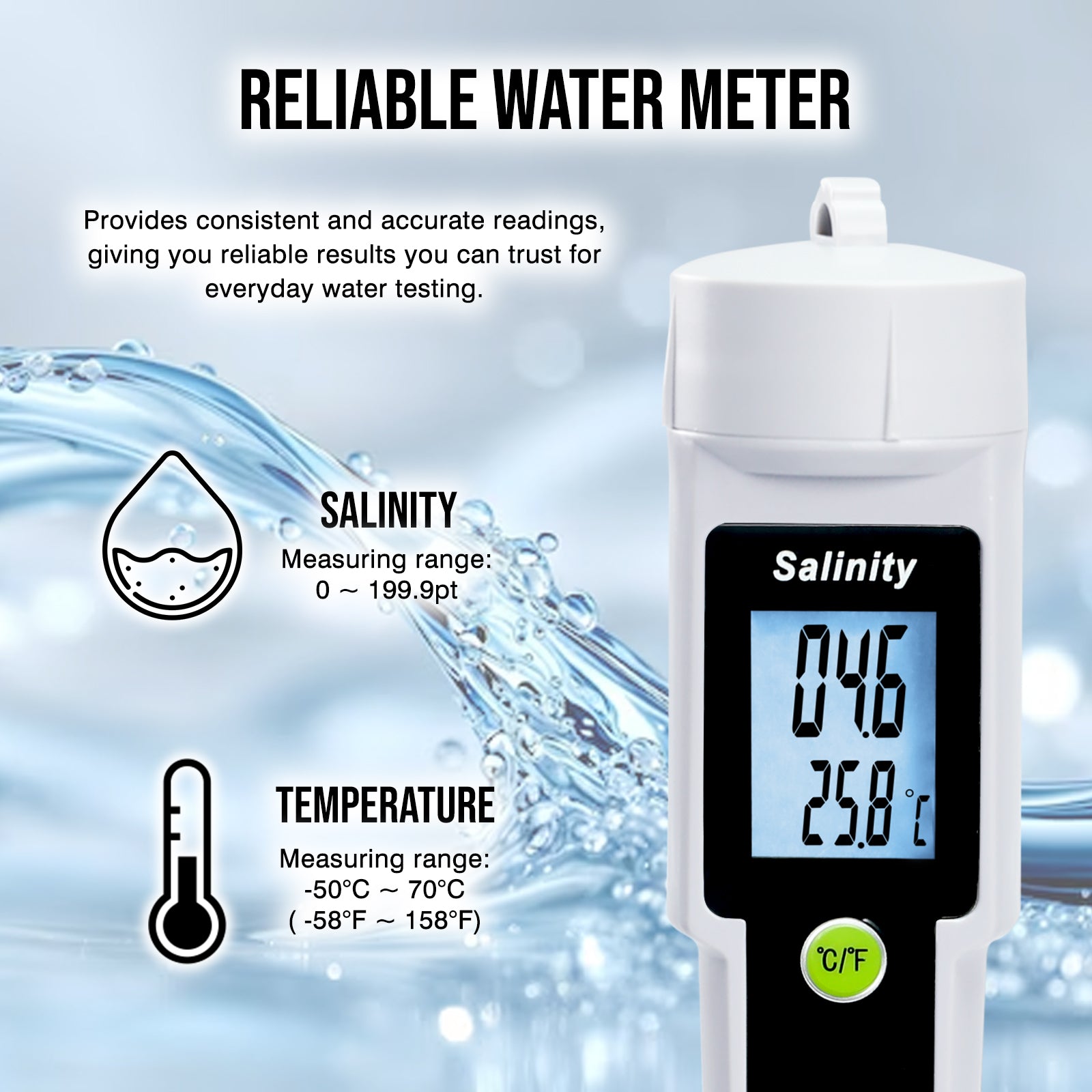 SAL-543 Salinity and Temperature Meter Digital Salinometer 0–199.9 ppt ATC with LCD Backlight, High Precision 2-in-1 Pen Tester for Aquarium, Fish Pond, Marine Tank, and Swimming Pool