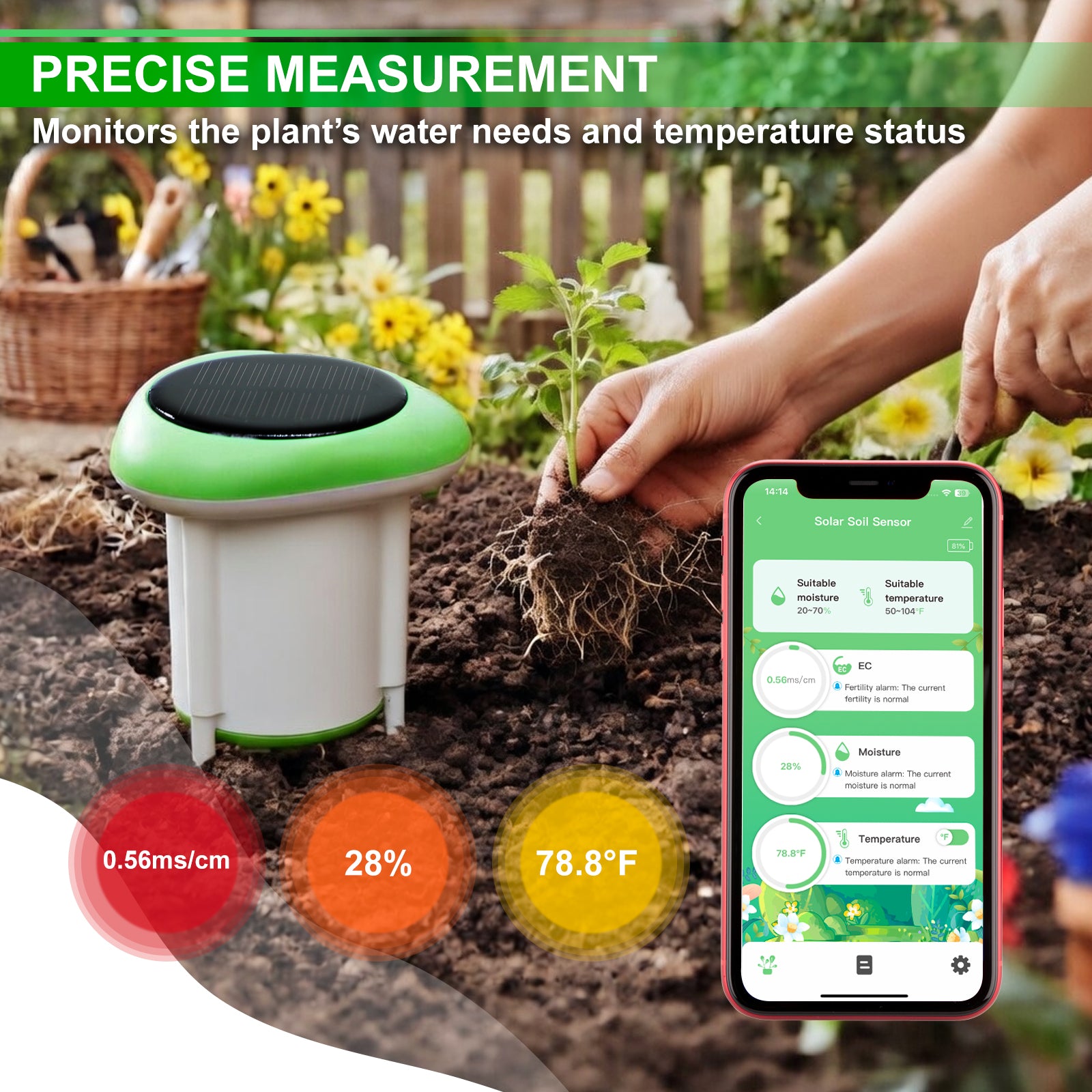 SQM-545 Smart Solar Soil Sensor Wireless Conductivity, Moisture, Temperature APP Monitoring IP66 Waterproof Works with Android & iOS for Gardens, Farms, Greenhouses