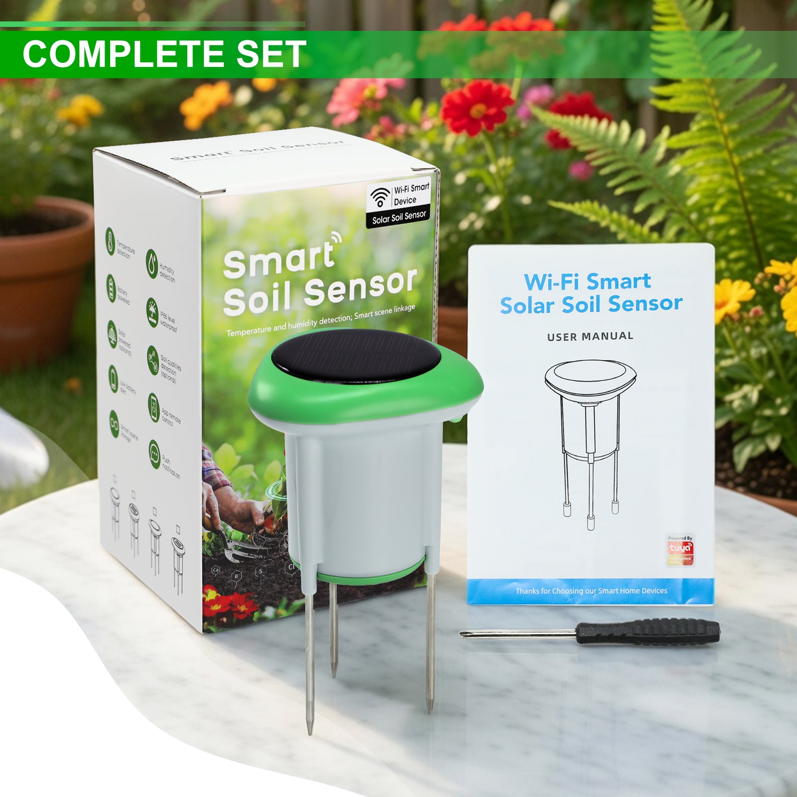 SQM-545 Smart Solar Soil Sensor Wireless Conductivity, Moisture, Temperature APP Monitoring IP66 Waterproof Works with Android & iOS for Gardens, Farms, Greenhouses