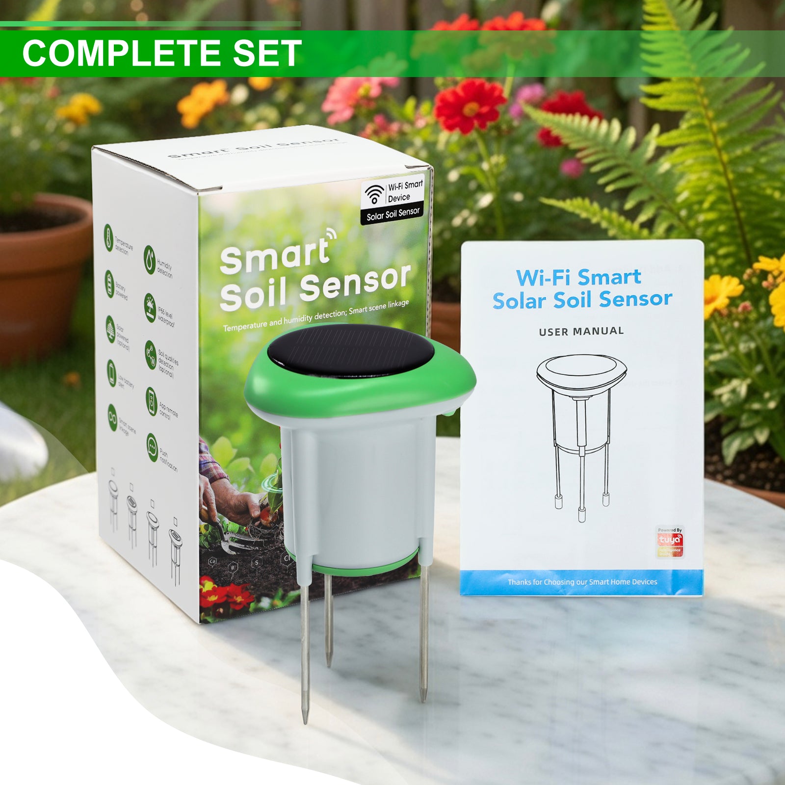 SQM-545 Smart Solar Soil Sensor Wireless Conductivity, Moisture, Temperature APP Monitoring IP66 Waterproof Works with Android & iOS for Gardens, Farms, Greenhouses