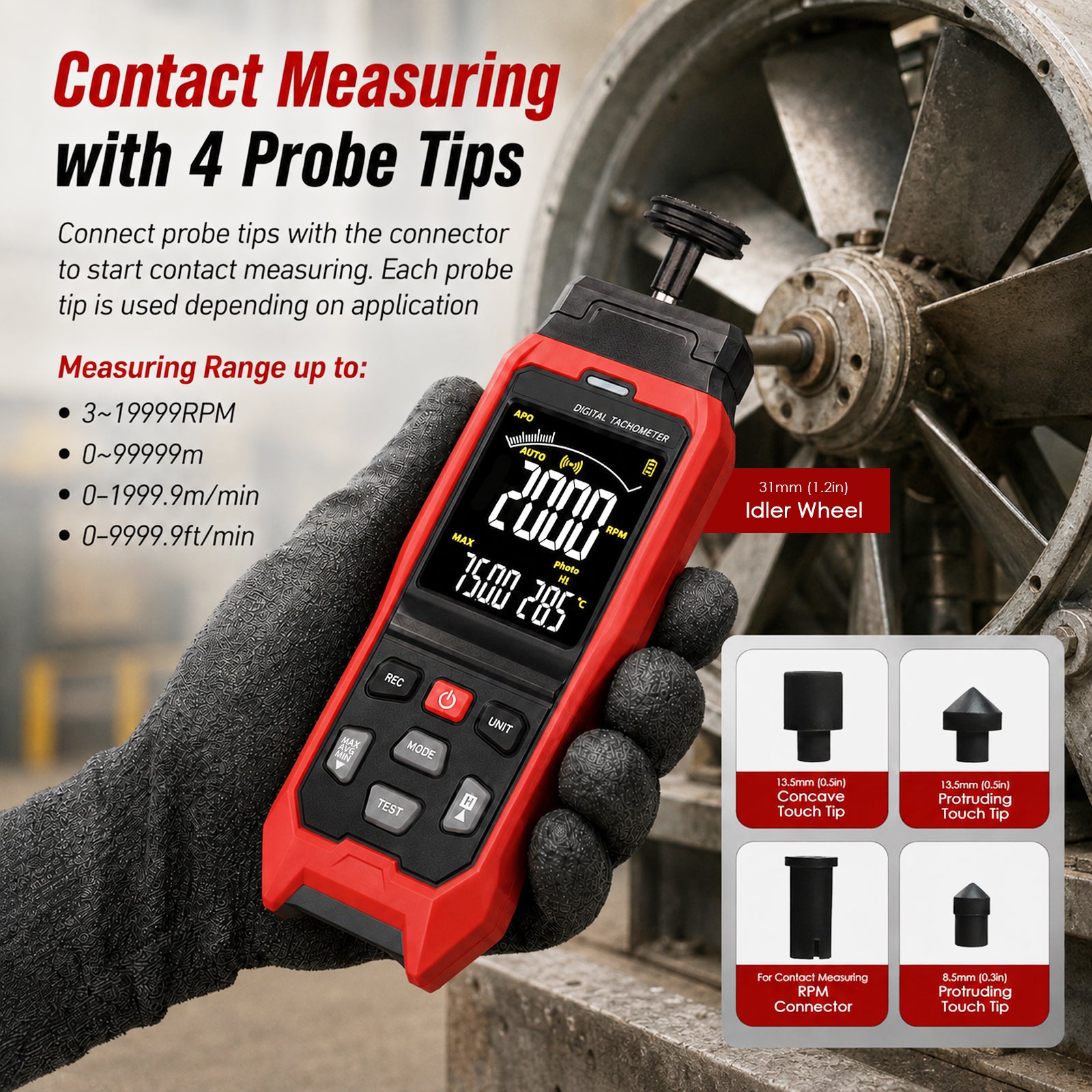 TAC-565 Laser Digital Tachometer 2-in-1 Contact & Non-Contact RPM Meter, Photo Tach with Real-Time PC Data Logging, 2000 Groups Memory, Adjustable Alarm for Motor Speed & Surface Speed Testing