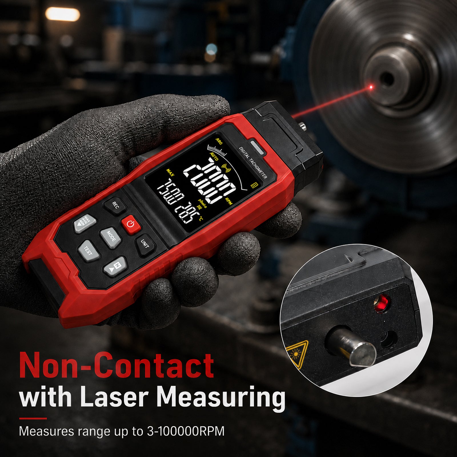 TAC-565 Laser Digital Tachometer 2-in-1 Contact & Non-Contact RPM Meter, Photo Tach with Real-Time PC Data Logging, 2000 Groups Memory, Adjustable Alarm for Motor Speed & Surface Speed Testing