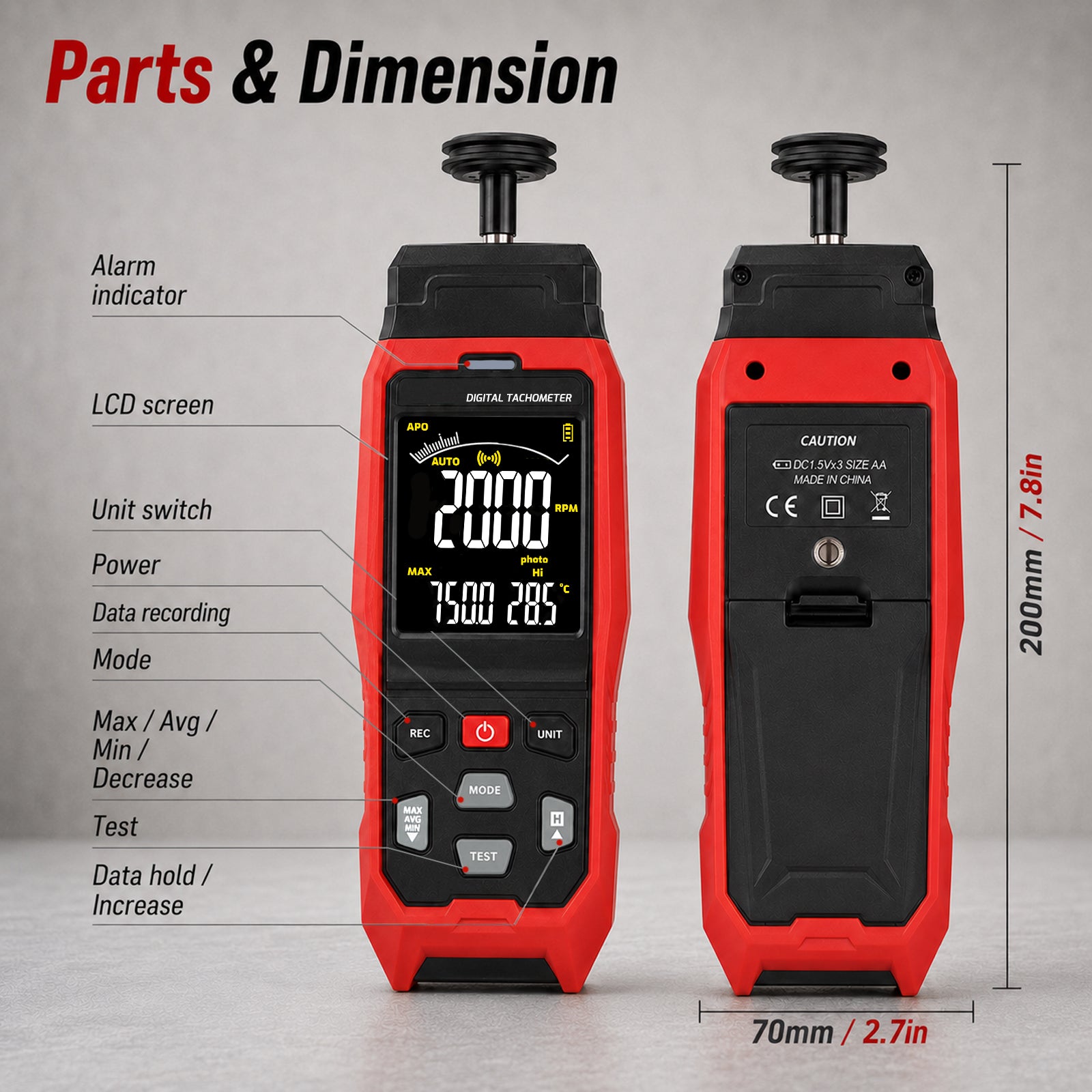 TAC-565 Laser Digital Tachometer 2-in-1 Contact & Non-Contact RPM Meter, Photo Tach with Real-Time PC Data Logging, 2000 Groups Memory, Adjustable Alarm for Motor Speed & Surface Speed Testing
