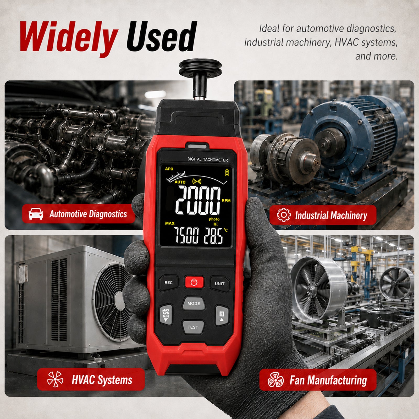 TAC-565 Laser Digital Tachometer 2-in-1 Contact & Non-Contact RPM Meter, Photo Tach with Real-Time PC Data Logging, 2000 Groups Memory, Adjustable Alarm for Motor Speed & Surface Speed Testing