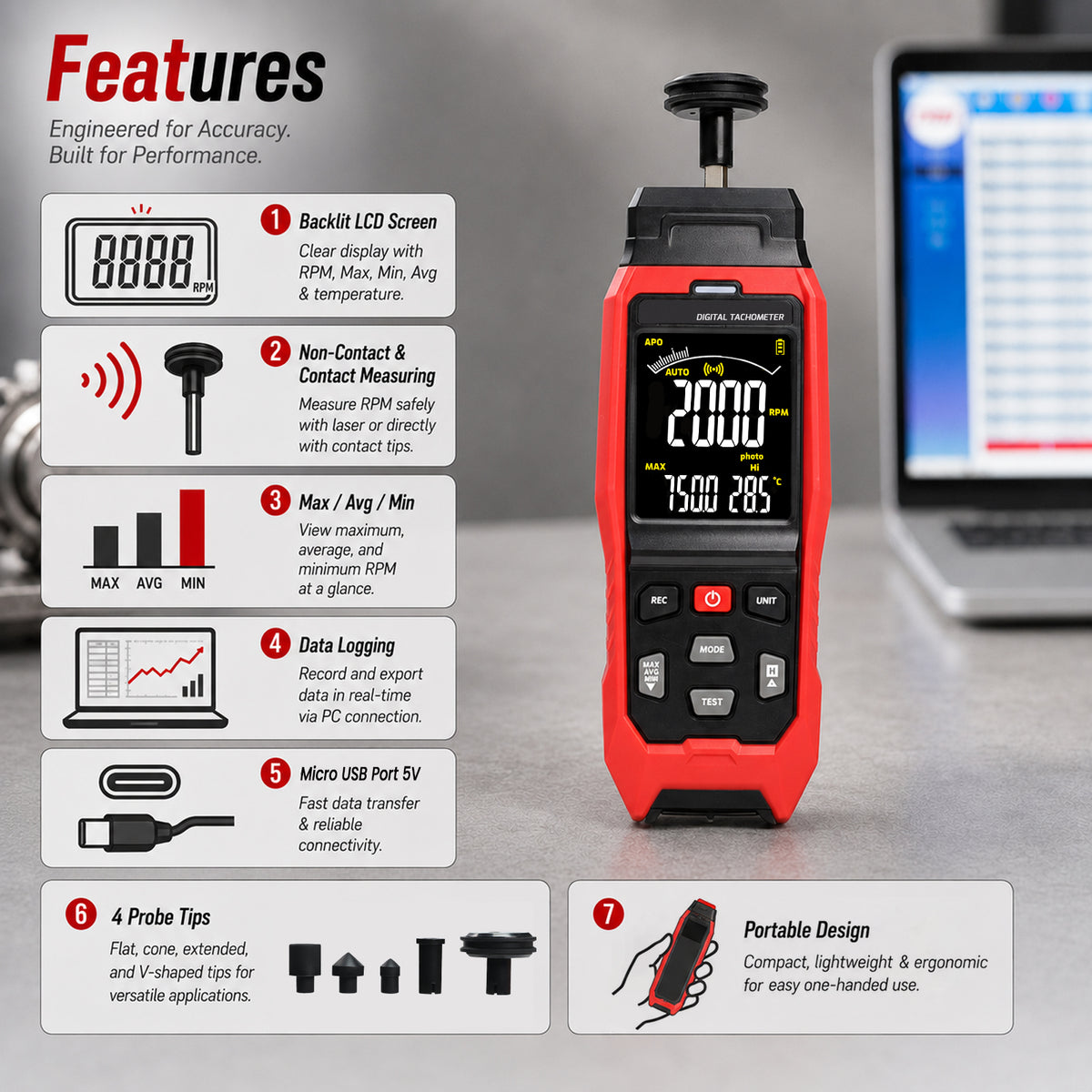 TAC-565 Laser Digital Tachometer 2-in-1 Contact & Non-Contact RPM Meter, Photo Tach with Real-Time PC Data Logging, 2000 Groups Memory, Adjustable Alarm for Motor Speed & Surface Speed Testing