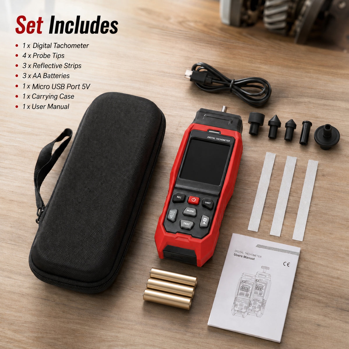 TAC-565 Laser Digital Tachometer 2-in-1 Contact & Non-Contact RPM Meter, Photo Tach with Real-Time PC Data Logging, 2000 Groups Memory, Adjustable Alarm for Motor Speed & Surface Speed Testing