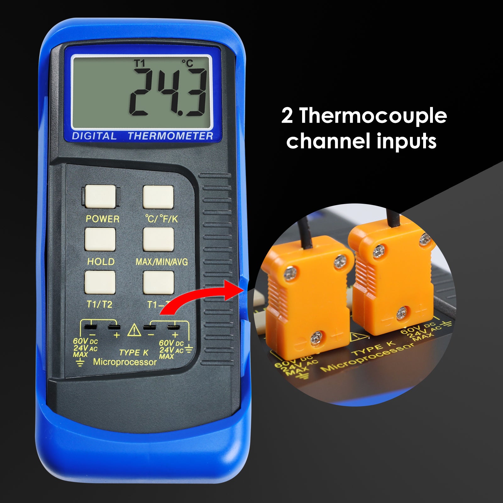THE-315_2P Digital Thermocouple Temperature K Type Thermometer with 4 Probe (Wired & Stainless Steel) Dual Channel High Temperature Kelvin Scale