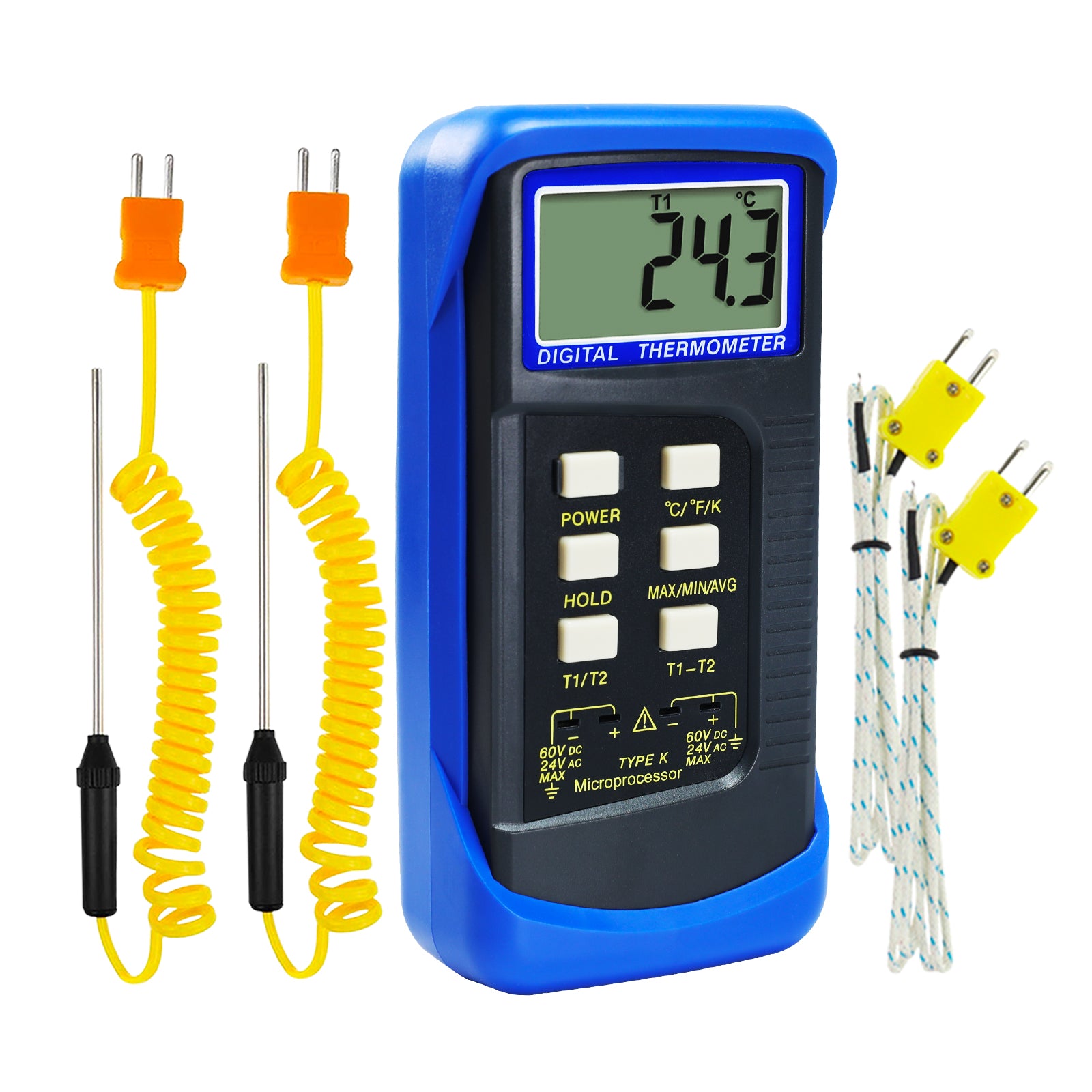 THE-315_2P Digital Thermocouple Temperature K Type Thermometer with 4 Probe (Wired & Stainless Steel) Dual Channel High Temperature Kelvin Scale