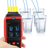 THE-373 K/J Datalogger Thermocouple Thermometer -200~1372°C (-328~2501°F),  4-Channel Display, Real-Time Data Logging, Audible and Visible Alarm, and ADJ Compensation