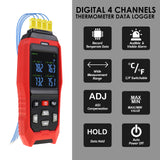 THE-373 K/J Datalogger Thermocouple Thermometer -200~1372°C (-328~2501°F),  4-Channel Display, Real-Time Data Logging, Audible and Visible Alarm, and ADJ Compensation