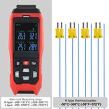 THE-373 K/J Datalogger Thermocouple Thermometer -200~1372°C (-328~2501°F),  4-Channel Display, Real-Time Data Logging, Audible and Visible Alarm, and ADJ Compensation