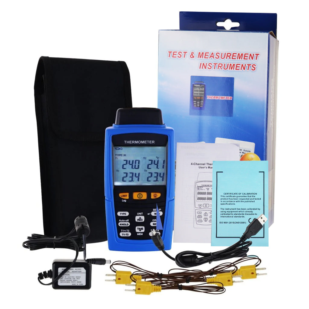 TM-747D Digital 4-Channel K /J/ T / E/ R / S/ N Type Thermocouple Thermometer Datalogger 16,800 Data Logging T1/T2, T3/T4 Input Terminal Data Logger