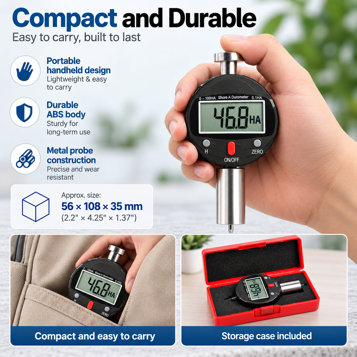 TMG-573A Shore A Durometer Digital Hardness Tester 0-100HA Portable Meter with 0.1HA Resolution, 0-2.5mm Indenter for Testing Soft Rubber, Synthetic Rubber, Polyester, Leather, Wax