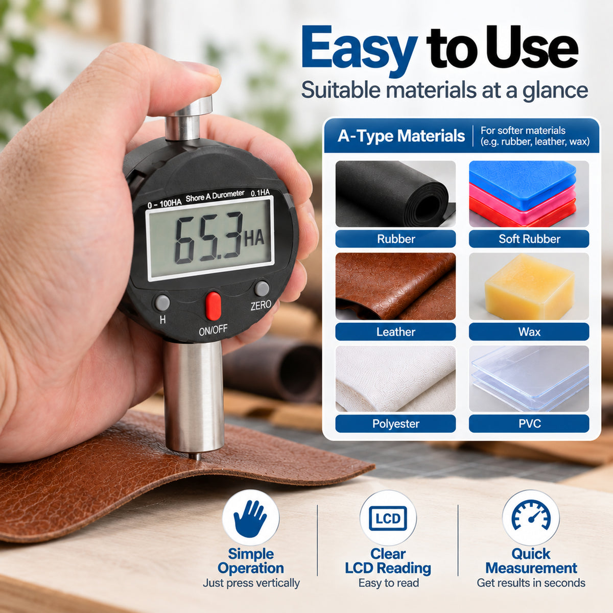 TMG-573A Shore A Durometer Digital Hardness Tester 0-100HA Portable Meter with 0.1HA Resolution, 0-2.5mm Indenter for Testing Soft Rubber, Synthetic Rubber, Polyester, Leather, Wax