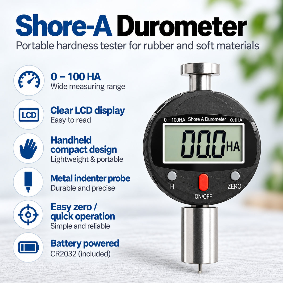 TMG-573A Shore A Durometer Digital Hardness Tester 0-100HA Portable Meter with 0.1HA Resolution, 0-2.5mm Indenter for Testing Soft Rubber, Synthetic Rubber, Polyester, Leather, Wax