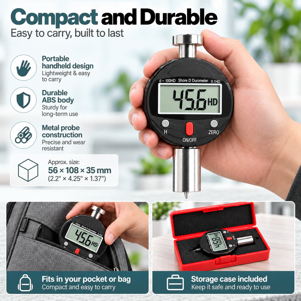 TMG-573D Shore D Durometer Digital Hardness Tester 0-100HD Portable Meter with 0.1HD Resolution, 0-2.5mm Indenter for Testing Hard rubber and Resins, Acrylics, Glass, Elastomers, Printing Plates