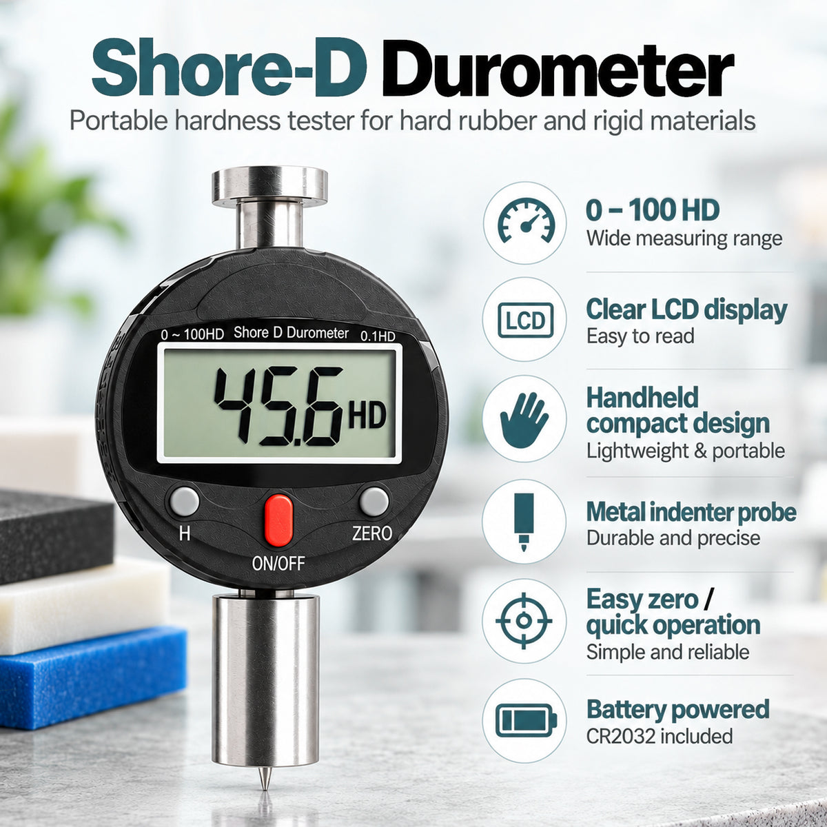 TMG-573D Shore D Durometer Digital Hardness Tester 0-100HD Portable Meter with 0.1HD Resolution, 0-2.5mm Indenter for Testing Hard rubber and Resins, Acrylics, Glass, Elastomers, Printing Plates