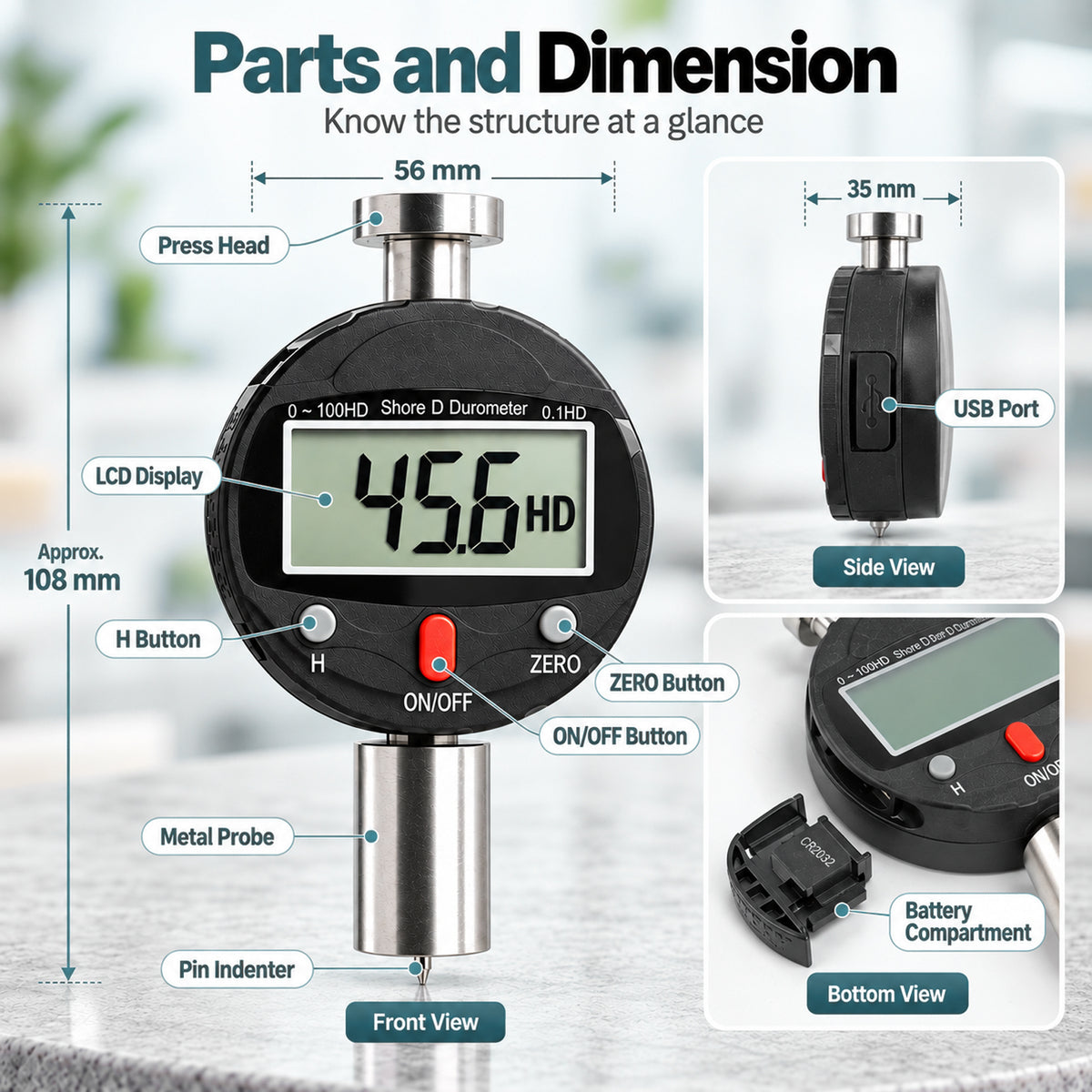 TMG-573D Shore D Durometer Digital Hardness Tester 0-100HD Portable Meter with 0.1HD Resolution, 0-2.5mm Indenter for Testing Hard rubber and Resins, Acrylics, Glass, Elastomers, Printing Plates