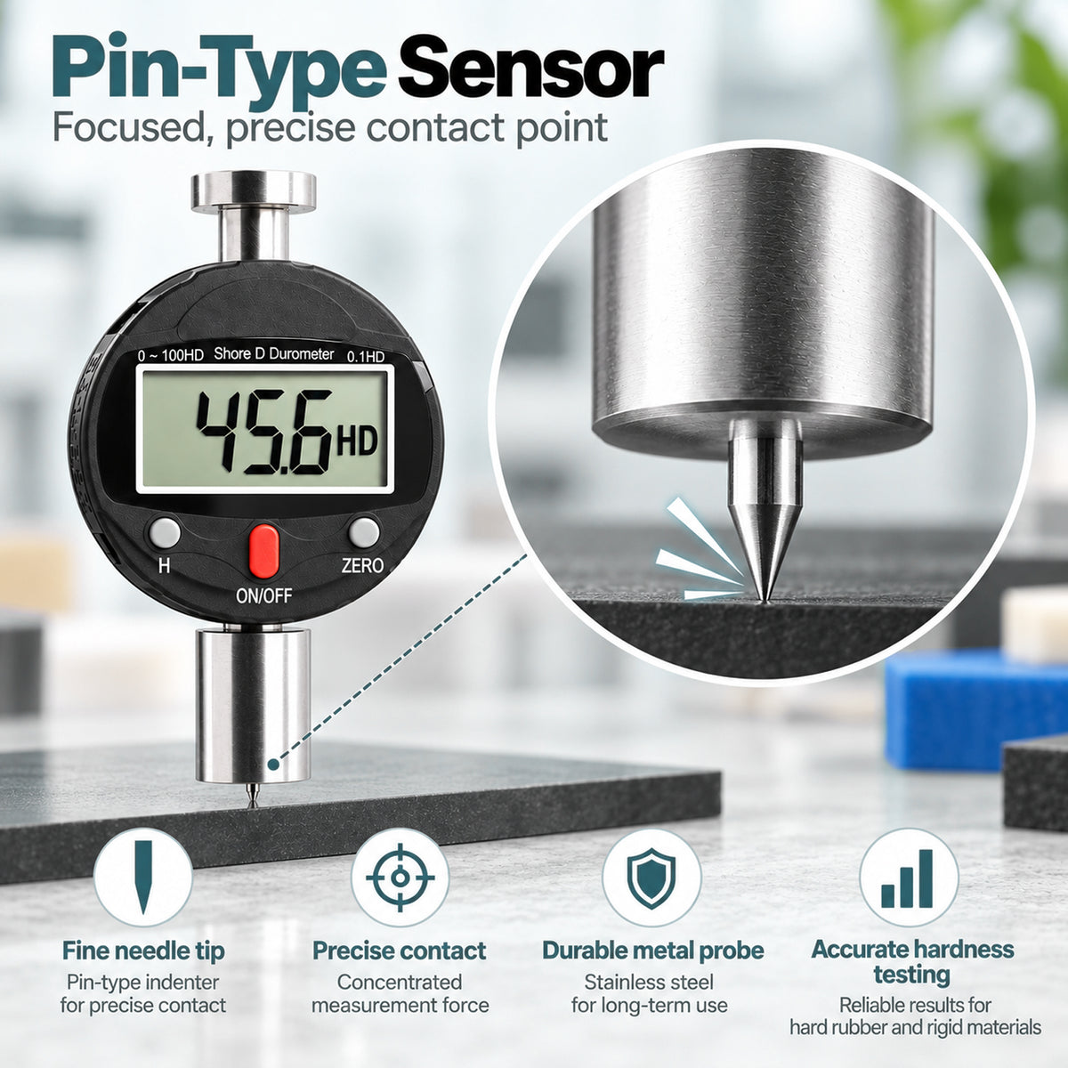 TMG-573D Shore D Durometer Digital Hardness Tester 0-100HD Portable Meter with 0.1HD Resolution, 0-2.5mm Indenter for Testing Hard rubber and Resins, Acrylics, Glass, Elastomers, Printing Plates