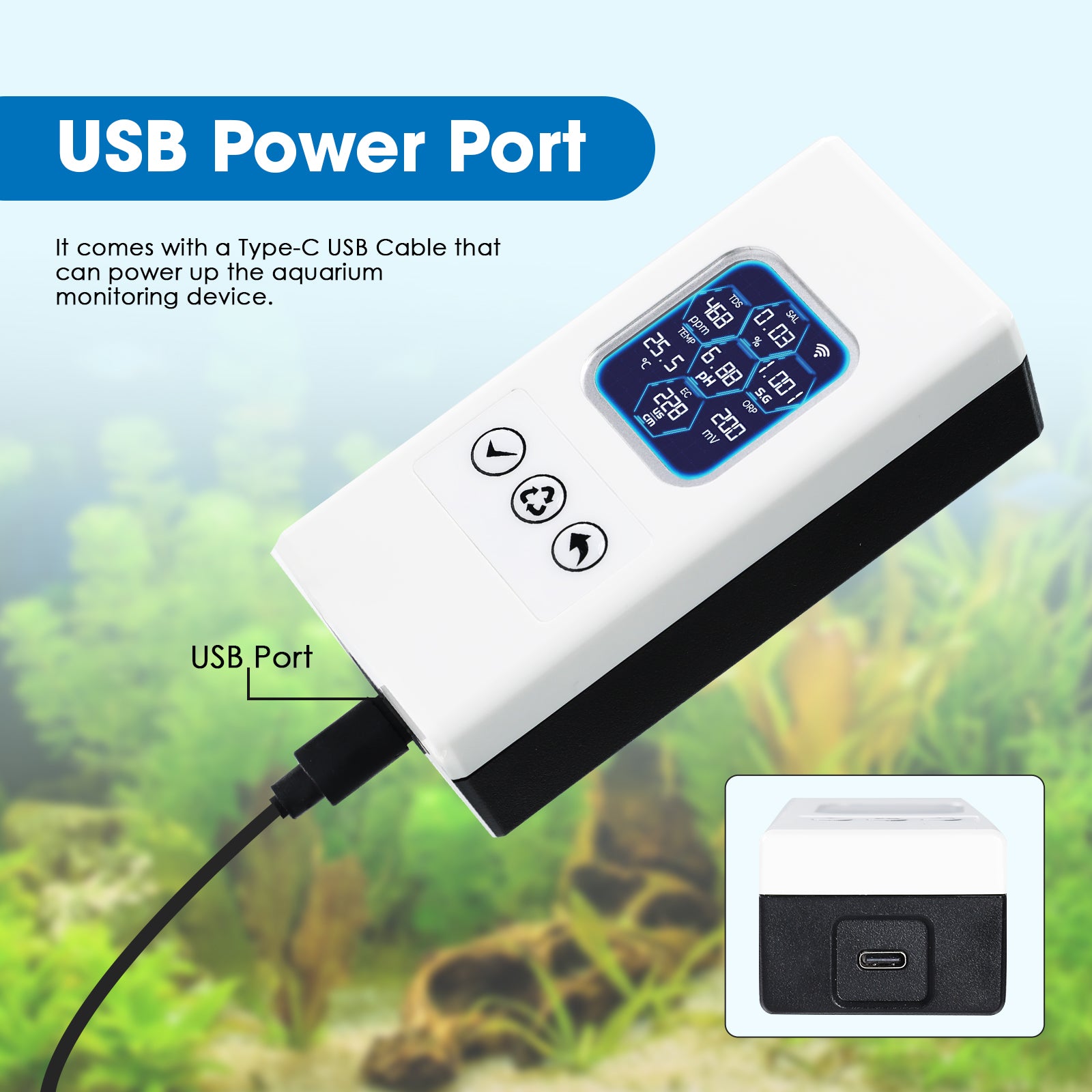 WQM-504 Smart Aquarium Water Quality Monitor – 7-in-1 Real-Time Water Tester for pH, Temperature, TDS, EC, Salinity, Specific Gravity & ORP – WiFi Connected with Mobile Alerts